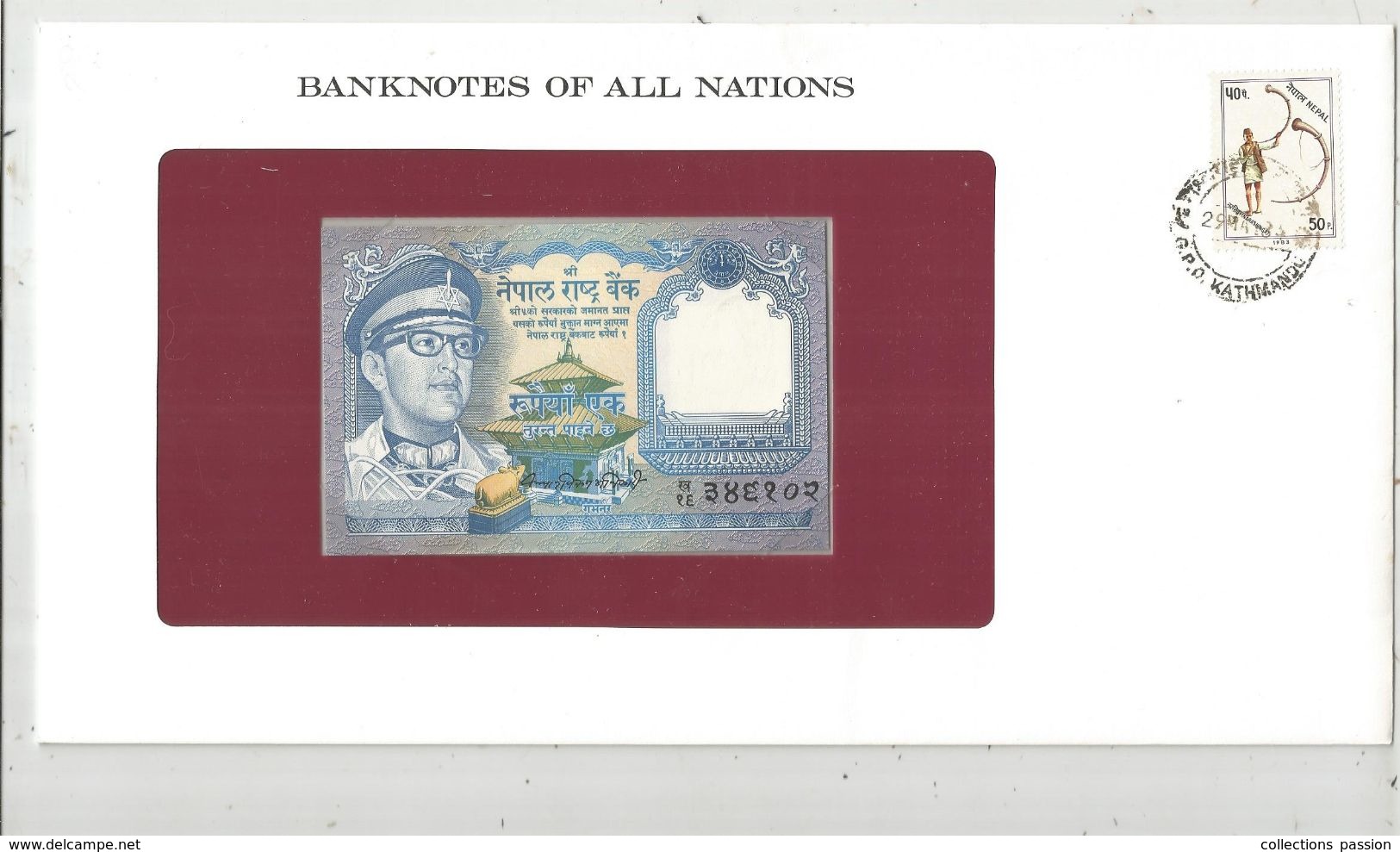 Billet Neuf  , Enveloppe Timbrée Oblitérée , NEPAL, 1 Re. , Rupee ,  Frais Fr : 1.95 Euro - Népal