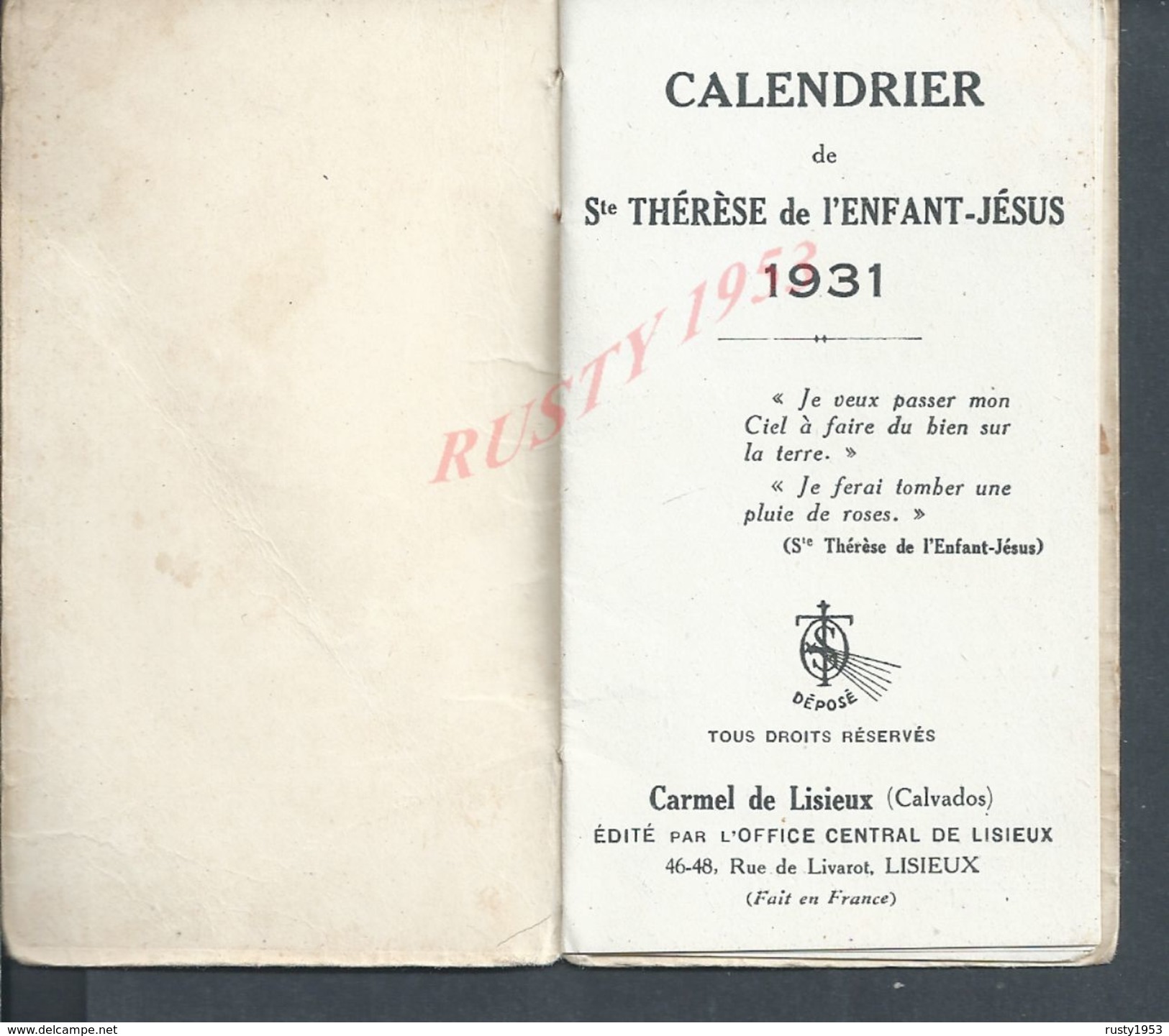 RELIGION PETIT CALENDRIER ILLUSTRÉE SAINTE THERESE DE 1931 CARMEL DE LISIEUX : - Petit Format : 1921-40