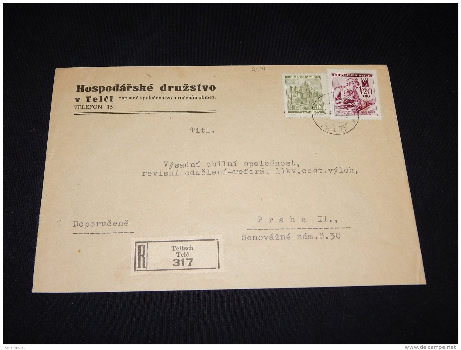 Böhmen Mähren 1942 Teltsch Registered Cover To Praha__(L-2071) - Covers & Documents