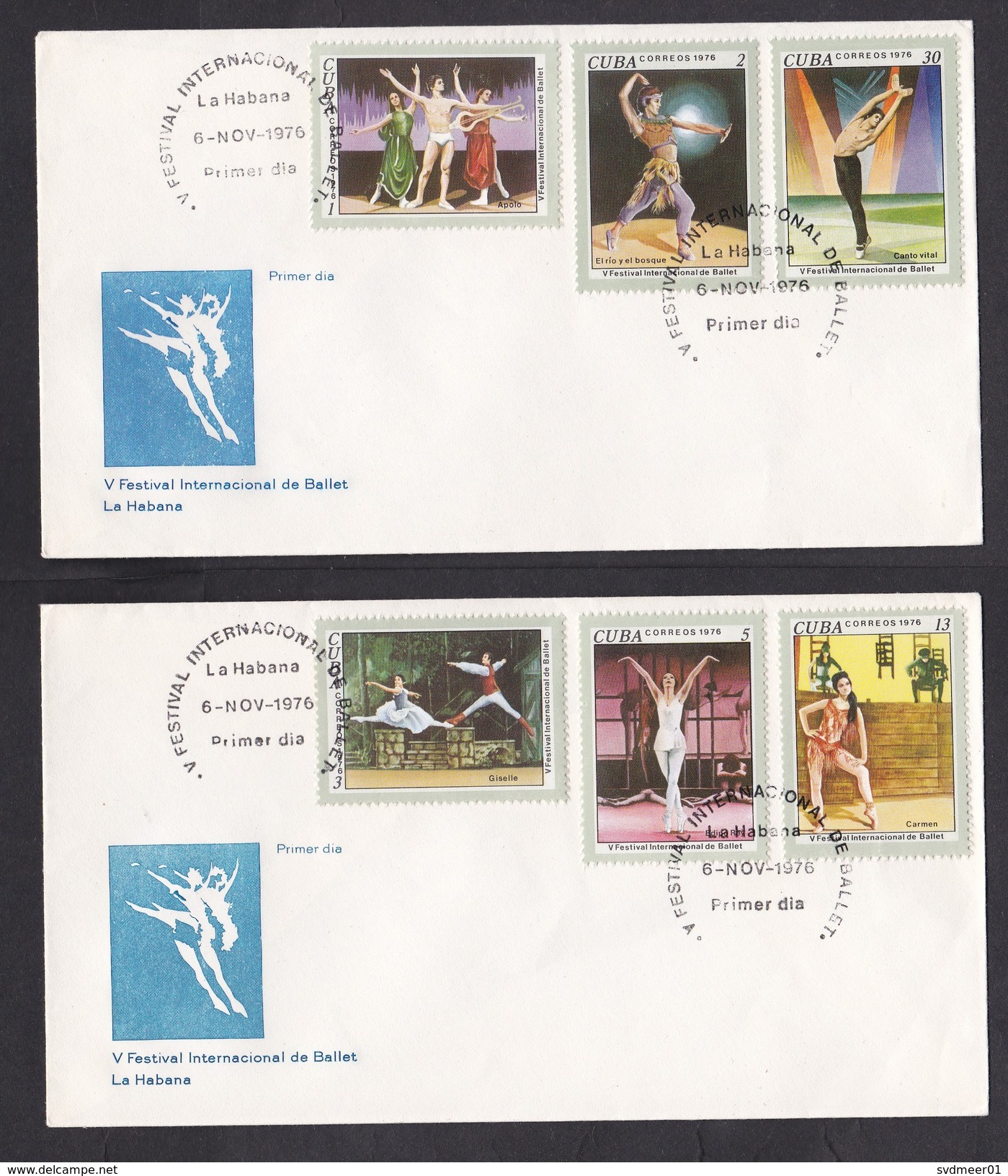 Cuba: 2x FDC First Day Cover, 1976, 6 Stamps, Ballet Festival, Dance (traces Of Use) - Brieven En Documenten