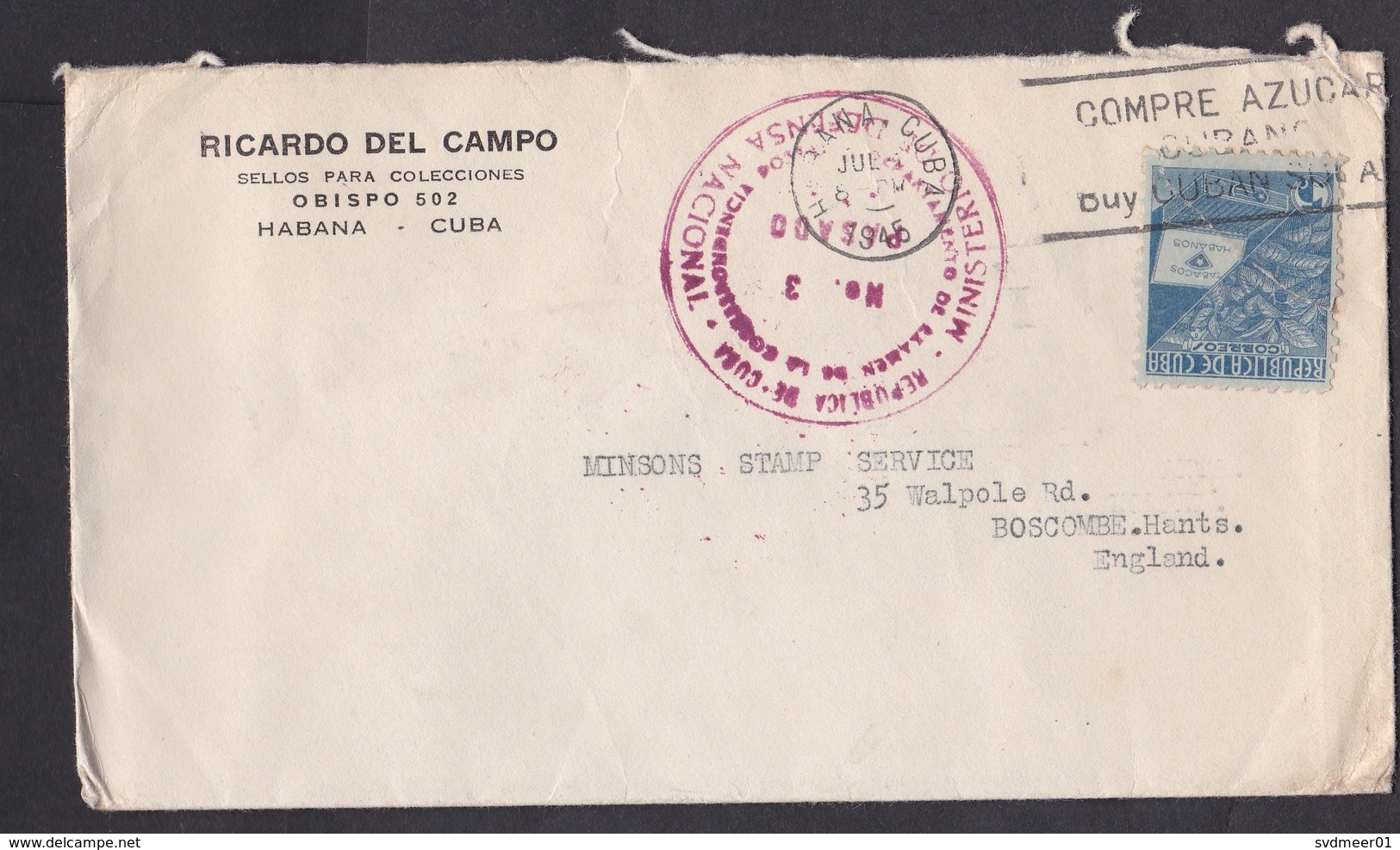 Cuba: Cover To UK, 1945, 1 Stamp, Tobacco, Cigars, Censored, Censor Mark, Cancel Sugar (stamp & Backside Damaged!) - Brieven En Documenten