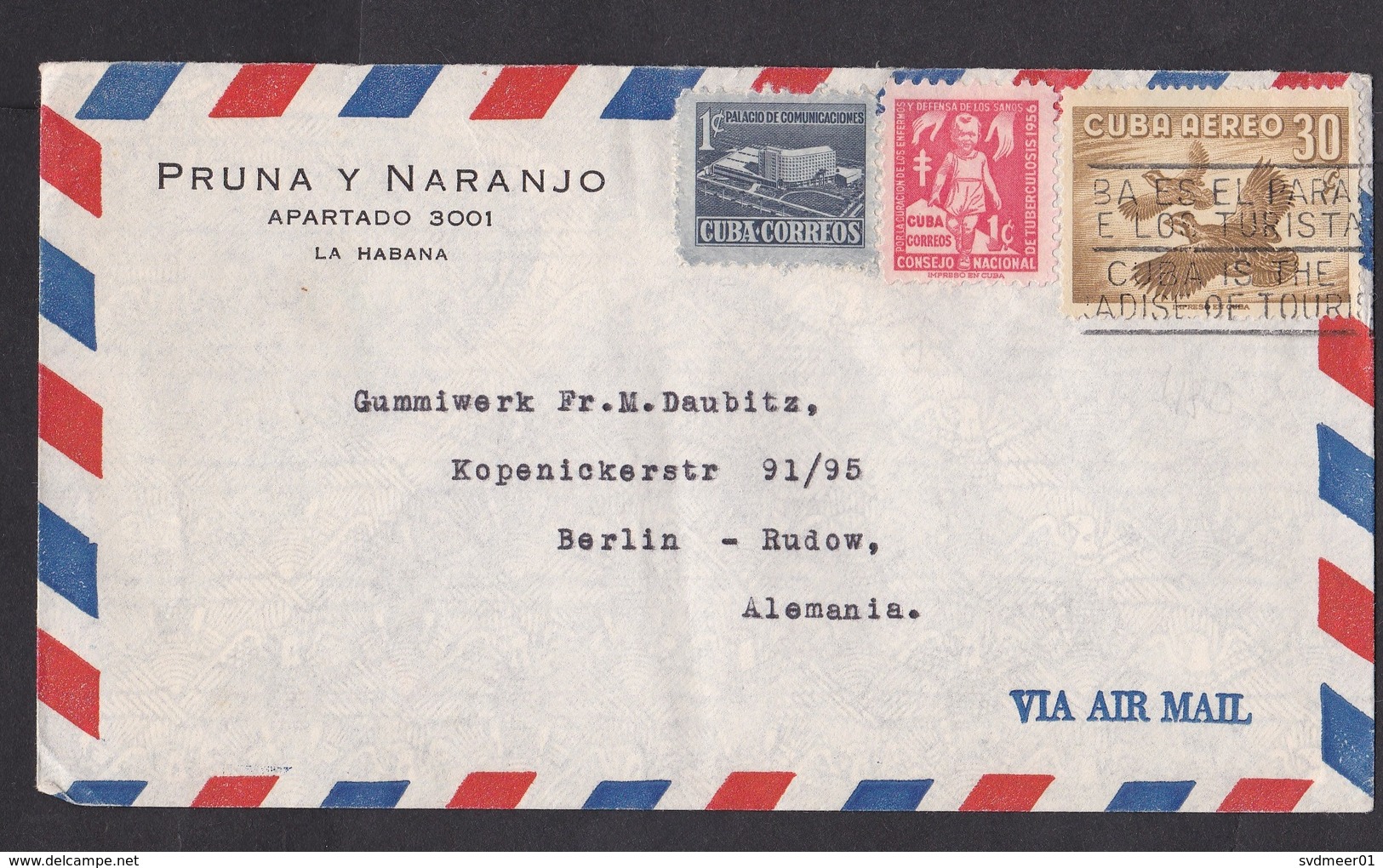 Cuba: Airmail Cover To Germany, 1956, 3 Stamps, Bird, Building, TB Disease, Child, Health (traces Of Use) - Brieven En Documenten