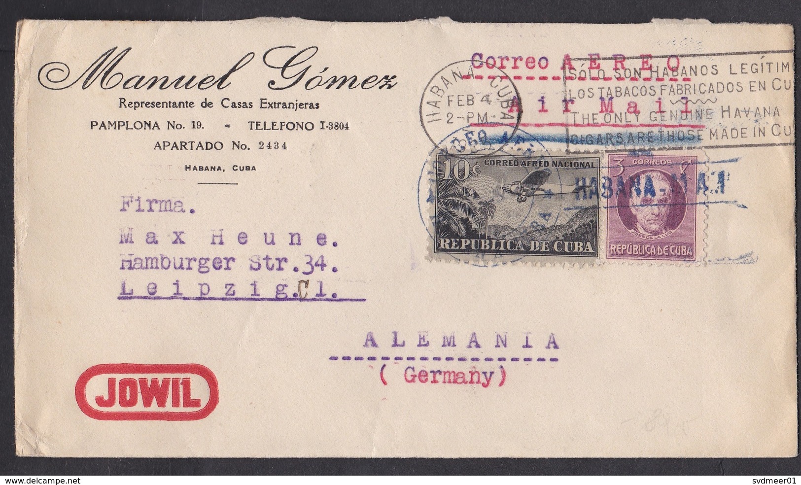 Cuba: Airmail Cover To Germany, 1935, 2 Stamps, Airplane, Luz, Cancel Cigars, Advertorial Jowil Lock Key (minor Damage) - Brieven En Documenten