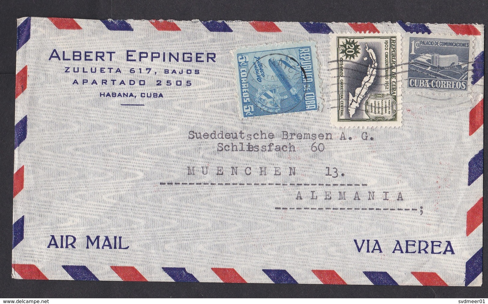 Cuba: Airmail Cover To Germany, 1950s, 3 Stamps, Tobacco, Cigar, Map, Building (traces Of Use) - Brieven En Documenten