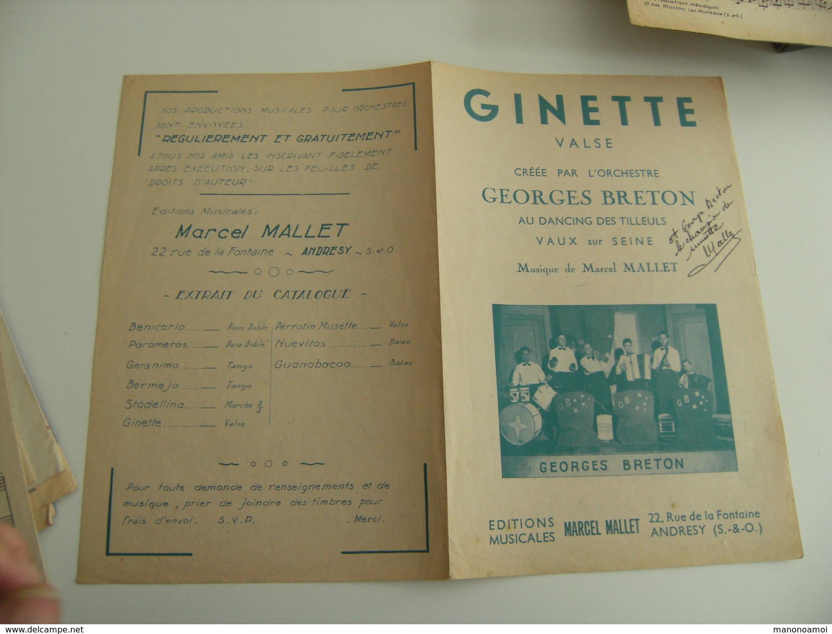 Cree Au Dancing Des Tilleuls Vaux Sur Seine Ginette Orchestre Georges Breton Et Mallet Andresy Partition De Musique - Partitions Musicales Anciennes