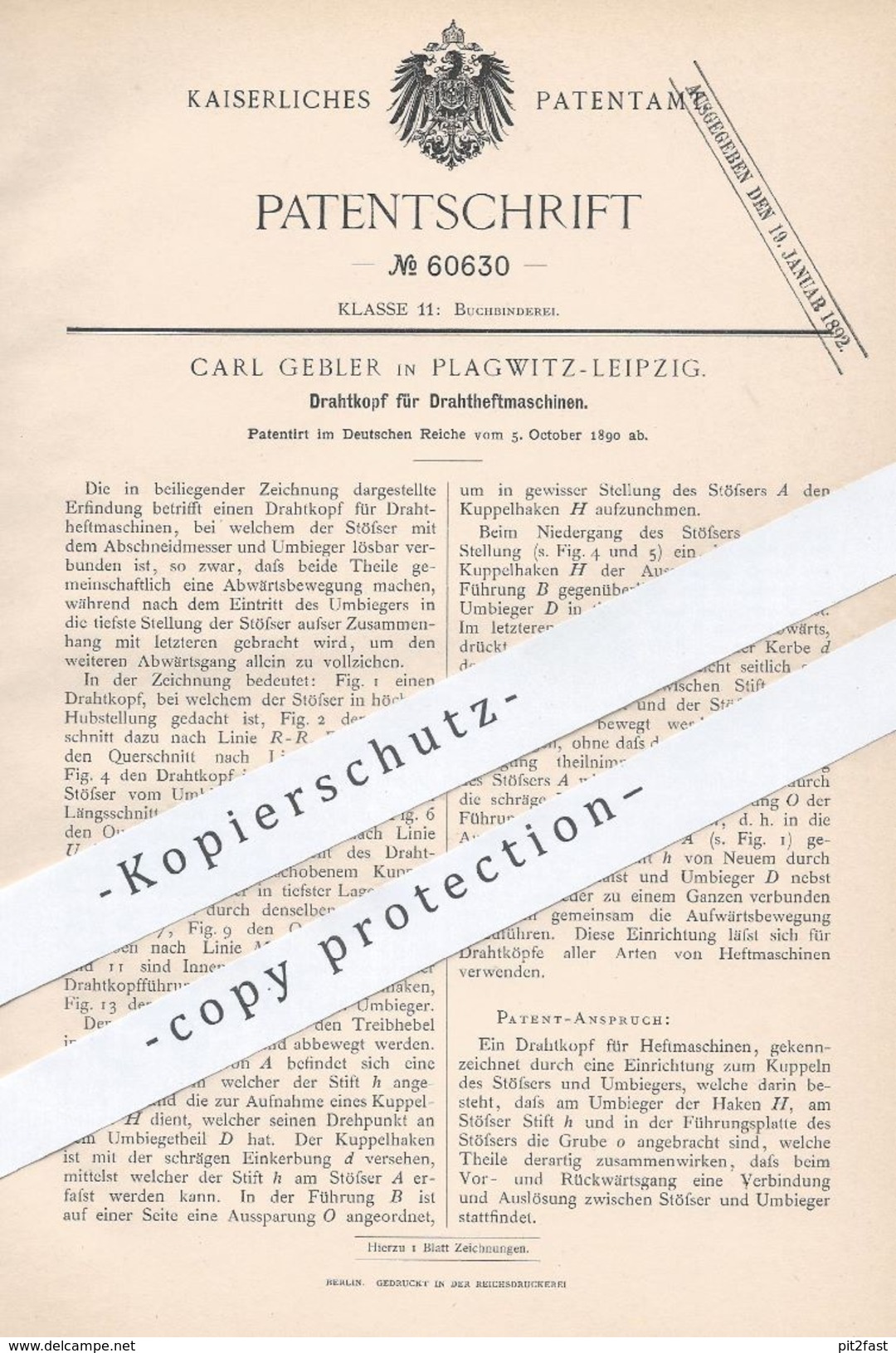 Original Patent - Carl Gebler , Leipzig / Plagwitz , 1890 , Drahtkopf Für Drahtheftmaschinen | Heftmaschine , Buchbinder - Documenti Storici