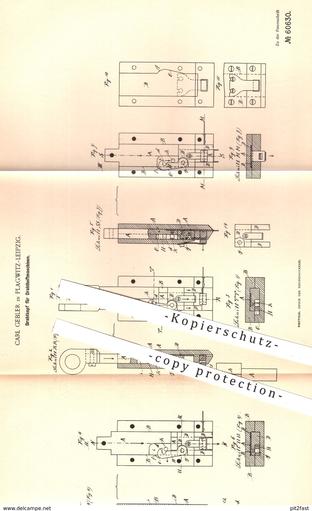 Original Patent - Carl Gebler , Leipzig / Plagwitz , 1890 , Drahtkopf Für Drahtheftmaschinen | Heftmaschine , Buchbinder - Documenti Storici