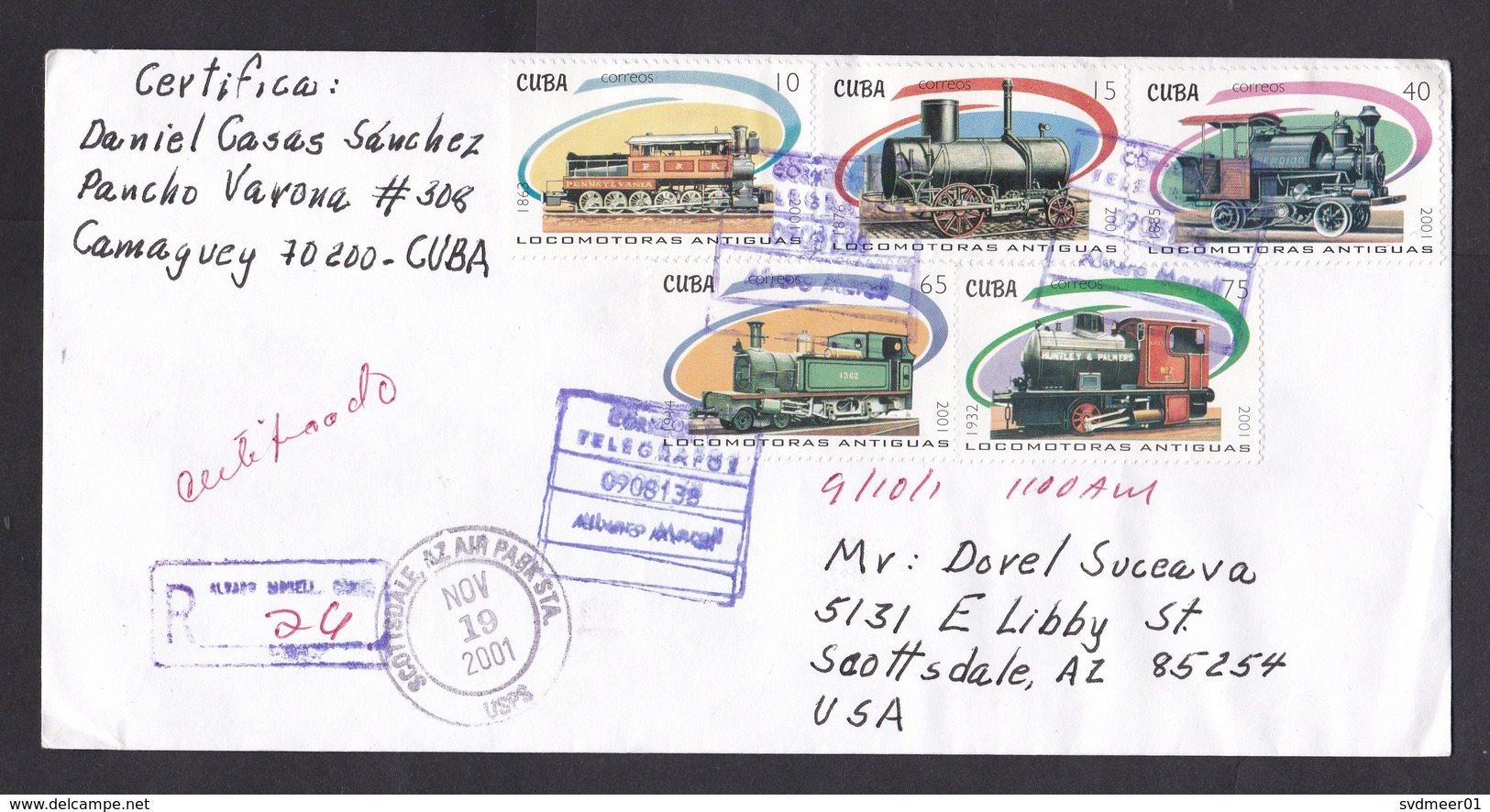 Cuba: Registered Cover To USA, 2001, 5 Stamps, Old Trains, Steam Train, Censor Cancel At Back?, Rare Use (traces Of Use) - Brieven En Documenten