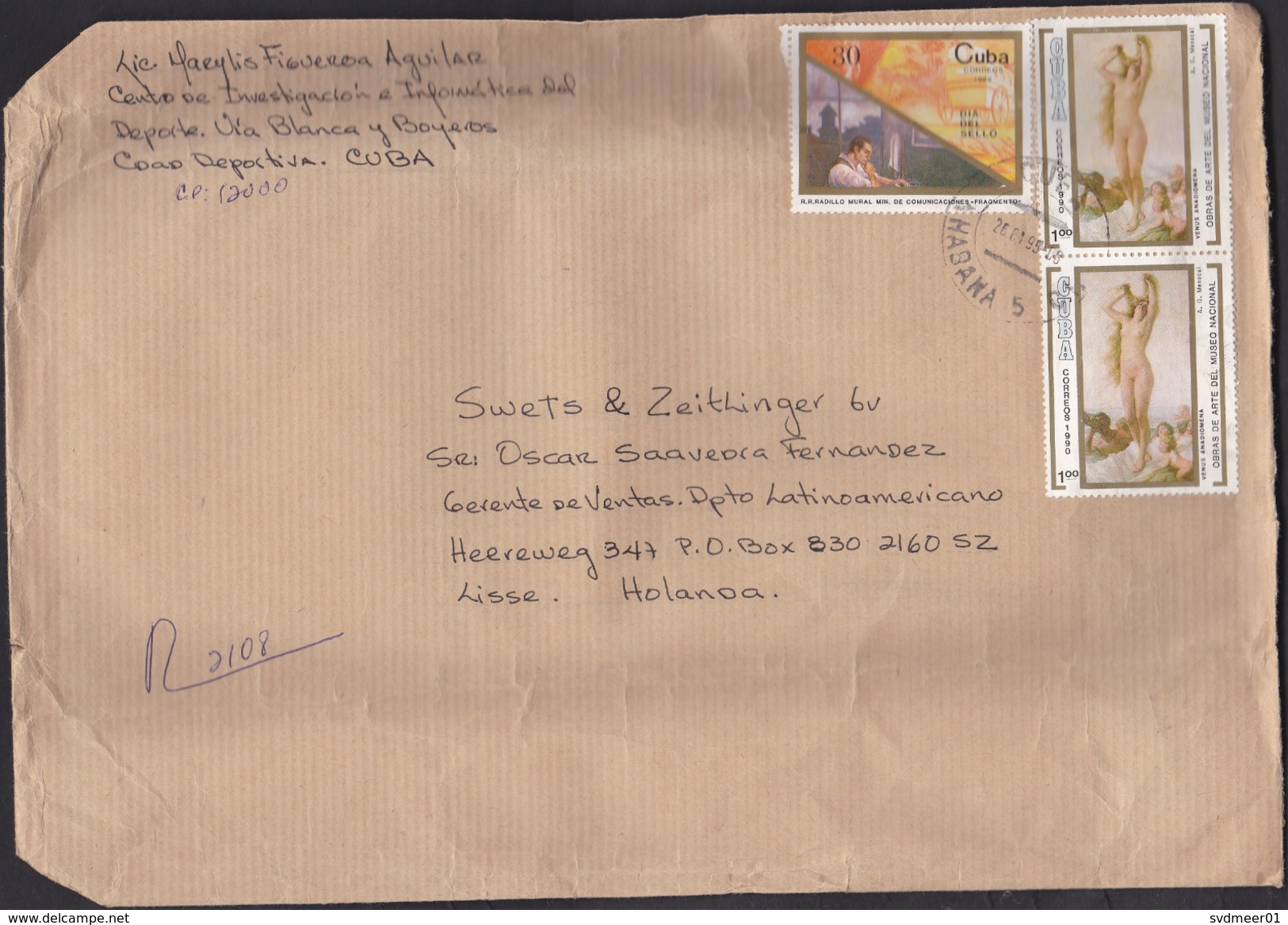 Cuba: Registered Cover To Netherlands, 1995, 3 Stamps, Painting, Nude, Venus, Rare Real Use (damaged: Fold & Crease) - Brieven En Documenten