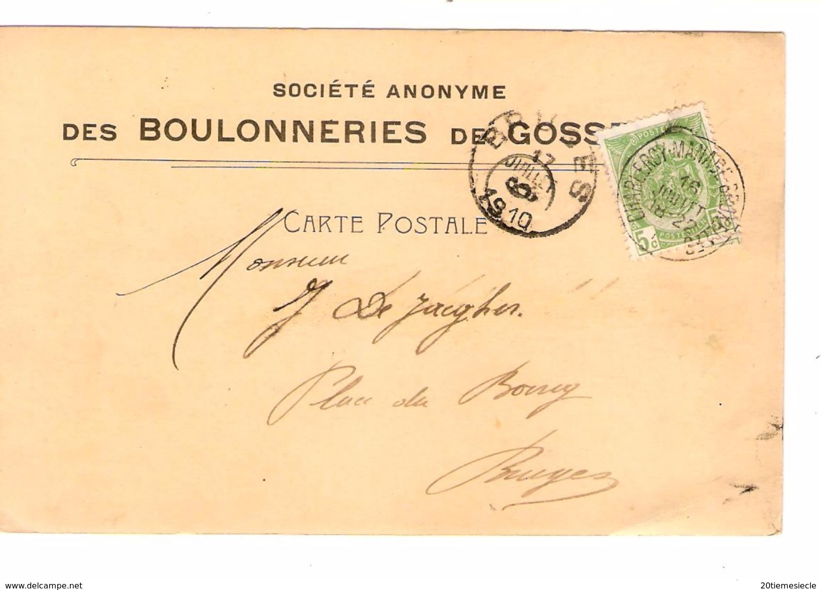 CP TP Armoiries 5c En-Tête S.A.Boulonneries Gosselies C.Ambulant Charleroi-Manage-BXL 16/7/1910 V.Bruges C.d'arrivée - Bahnpoststempel