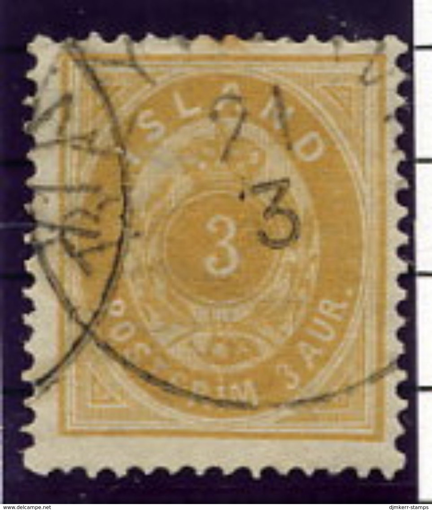 ICELAND 1882 3 Aurar Perforated 14:13½ Used.  Michel 12A - Used Stamps