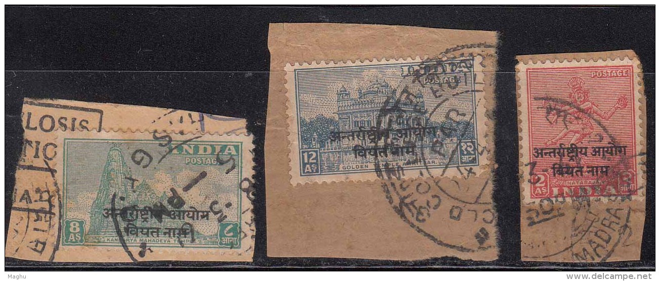 3v Postal Used On Piece India Ovpt Vietnam On Archeological Series Hinduism, Dance, Monument Military 1954 Indo- China - Franchigia Militare