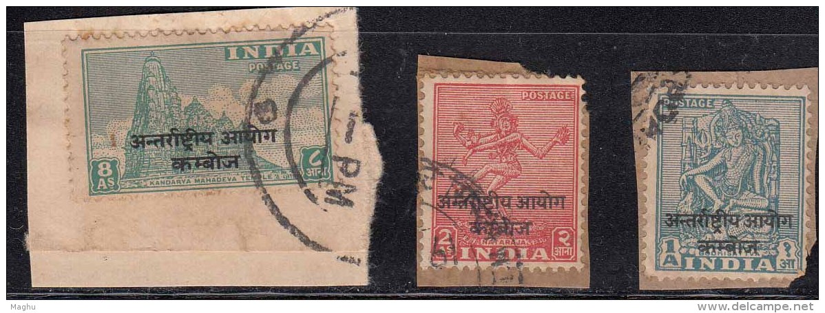 3v Postal Used On Piece, India Ovpt Laos, Archeological Series, Military, Hinduism, Dance, Monument, 1954 Indo- China - Military Service Stamp