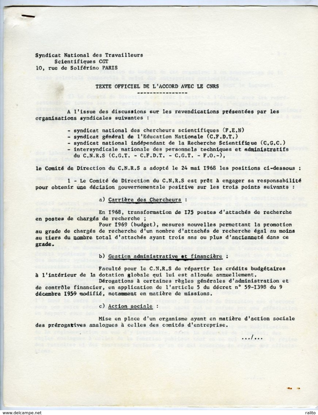 MAI 1968 - DOCUMENT ACCORD ENTRE Le Syndicat Des Travailleurs Scientifiques Et CNRS - Documents Historiques