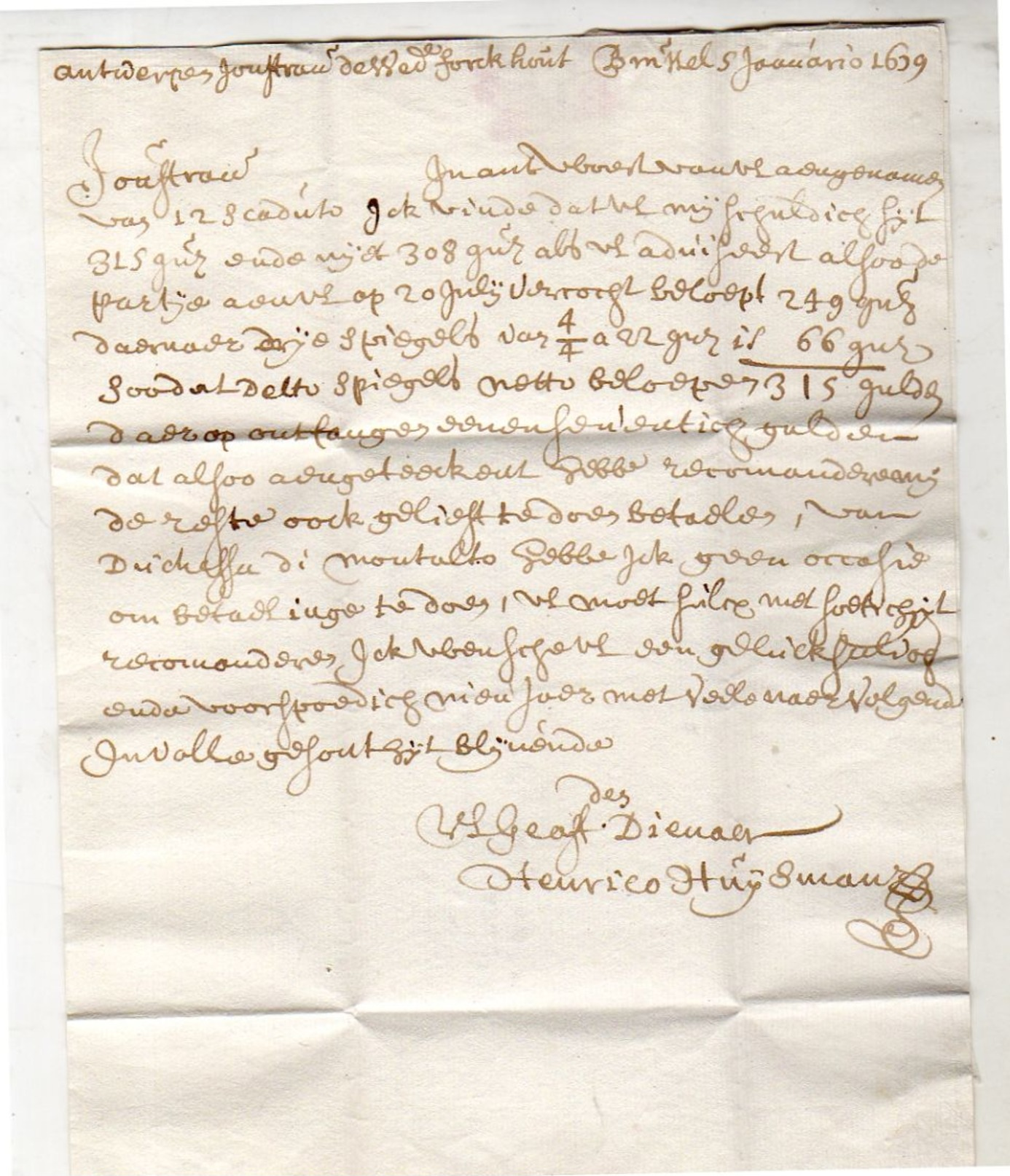 1639 Oteurico Huijsman Bruxelles To Guillaume Forchond Antwerp (EO1-33) - 1621-1713 (Países Bajos Españoles)