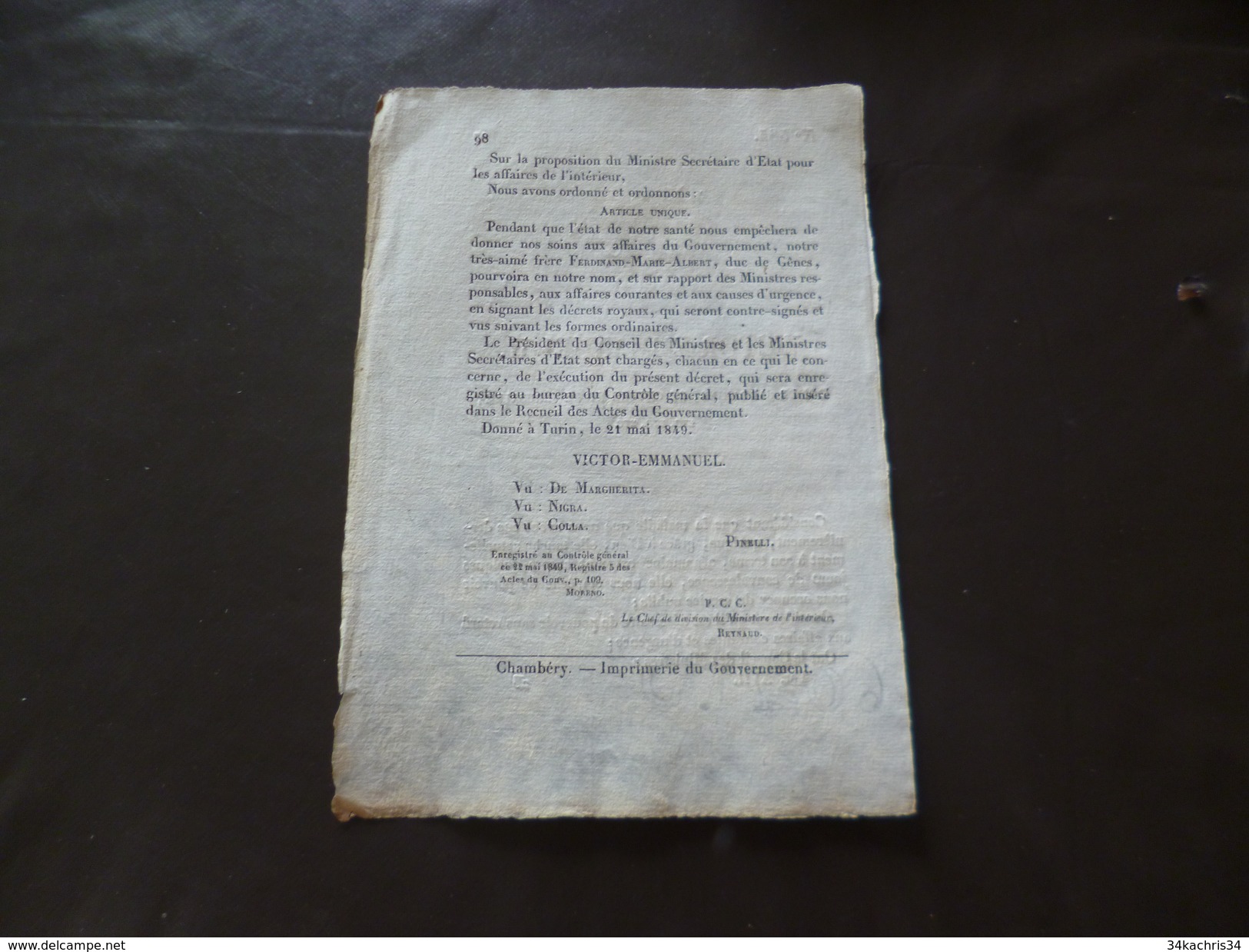 Savoie Haute Savoie Victore Emmanuel II Roi Sardaigne, Chypre, Jérusalem...maladie Du Roi Pourvoir 21/05/1849 - Gesetze & Erlasse