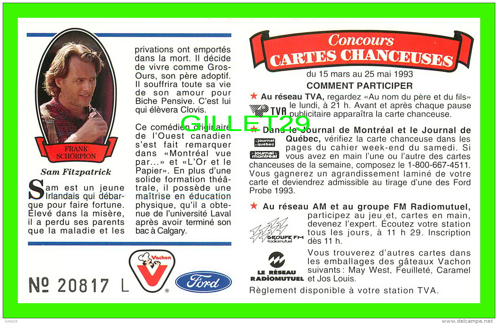 FICHES  D'UNE ÉMISSION DE TV - AU NOM DU PÈRE ET DU FILS À TVA  EN 1993 - FRANK SCHORPION ( SAM FITZPATRICK) - - Autres & Non Classés