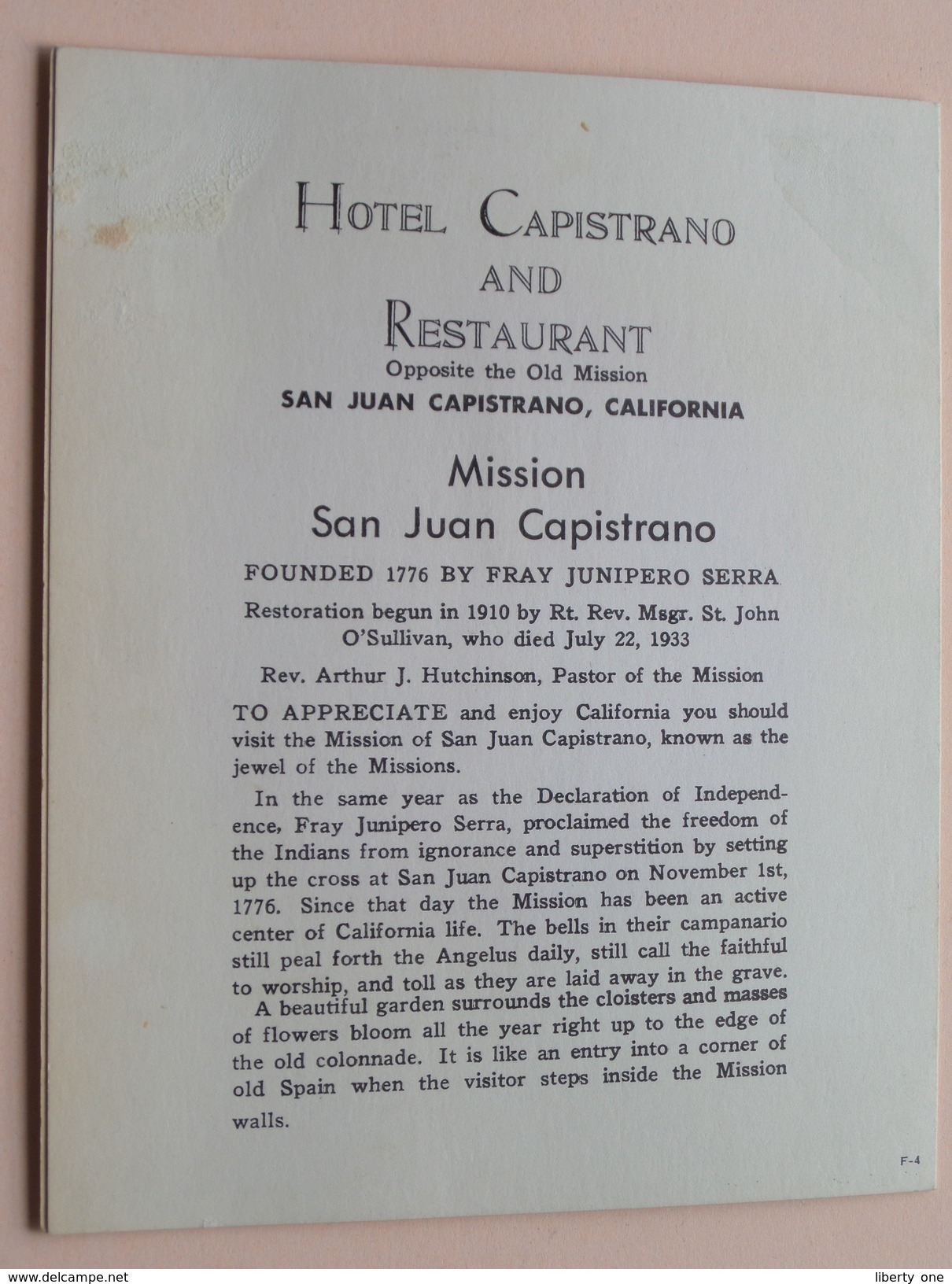 Hotel CAPISTRANO Restaurant San Juan Capistrano CALIFORNIA Highway 101 Phone 207 : Anno 19?? ( Details Zie Foto ) ! - Menus