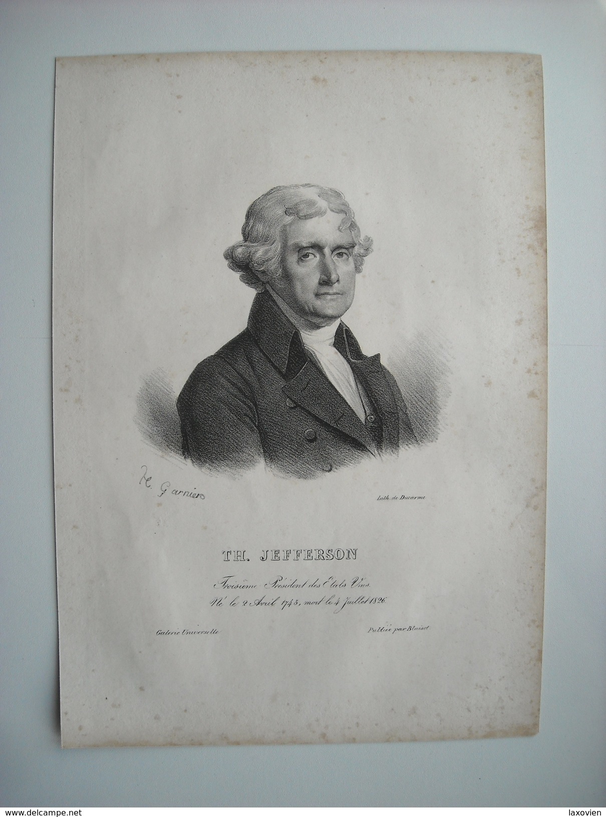 THOMAS JEFFERSON, 3EME PRESIDENT DES ETATS-UNIS. LITHOGRAPHIE DE 1830 PAR DUCARME ET H GARNIER.. - Lithographies