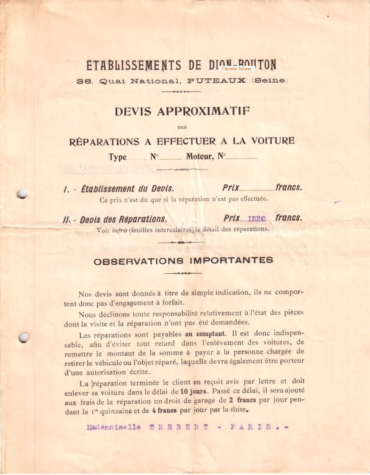 Document Du ?? DE DION BOUTON Puteaux 92 - Automobile