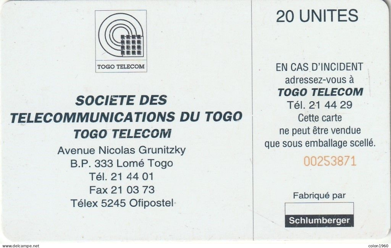 TOGO. TOG-17. Earth Station 20 (Schlumberger Logo). 20U. (001). - Togo