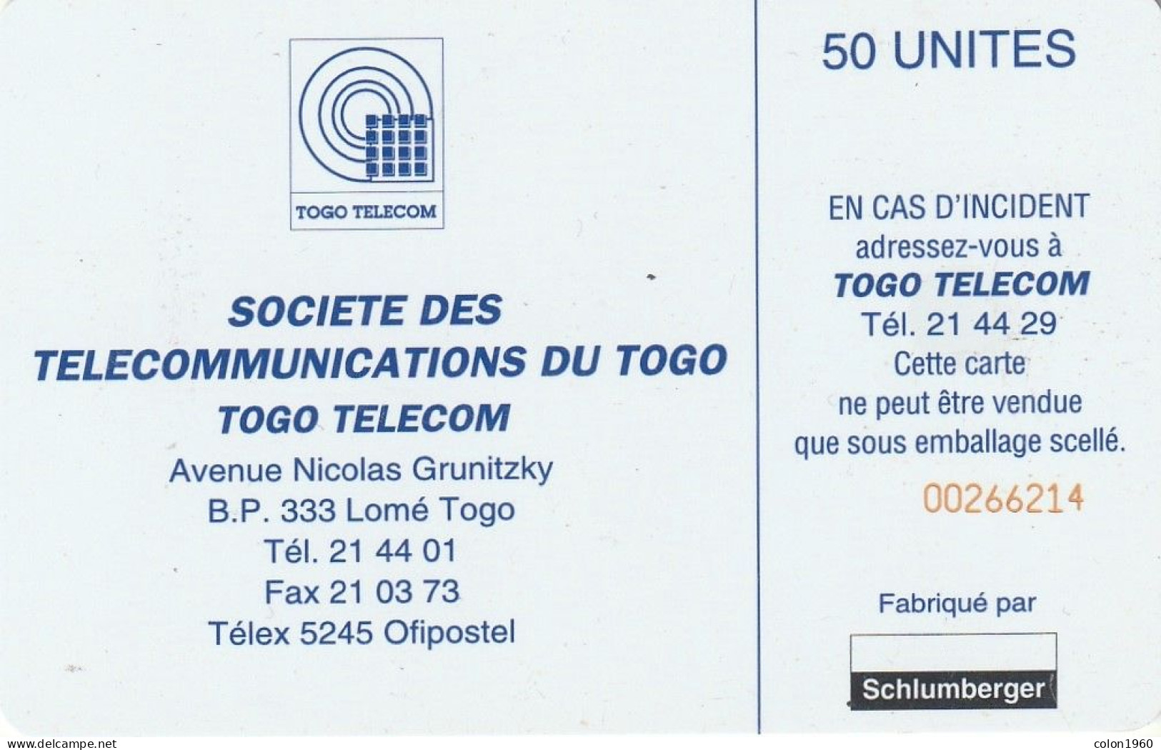 TOGO. TOG-18. Earth Station 50 (Schlumberger Logo). 50U. (002) - Togo