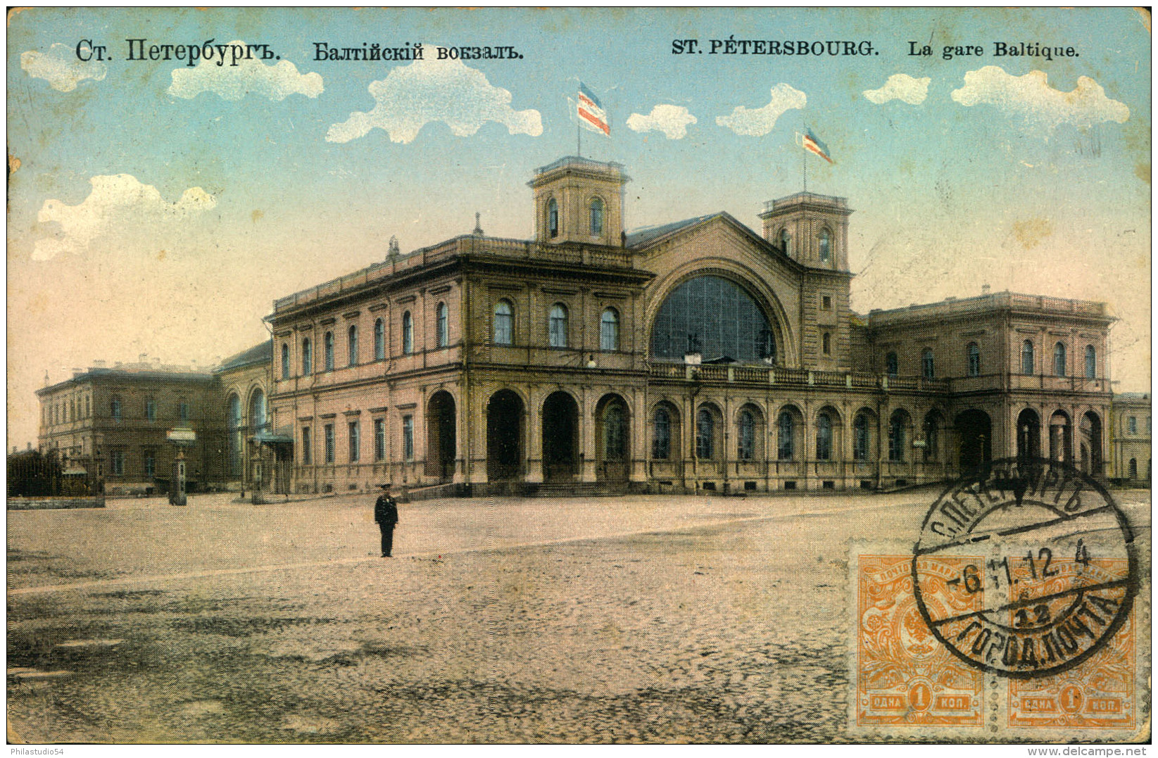 1912, Picture Card  ""Le Gare Baltique"" In St. Petersburg Franked With 2 Pieces 1 Kop Arms Sent To Bavaria. - Cartas & Documentos