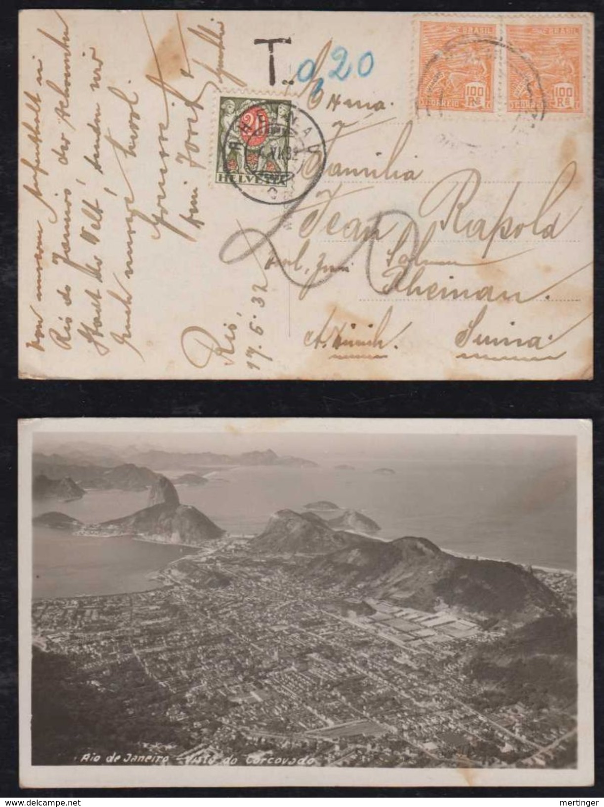 Brazil Brasil 1932 Picture Postcard Postage Due Stamp Switzerland RIO To RHEINAU - Briefe U. Dokumente