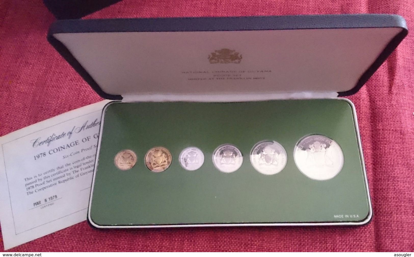 Guyana 1978 Proof Set 6 Coins Up To One Dollar Cased + COA (free Shipping Via Registered Air Mail) - Guyana