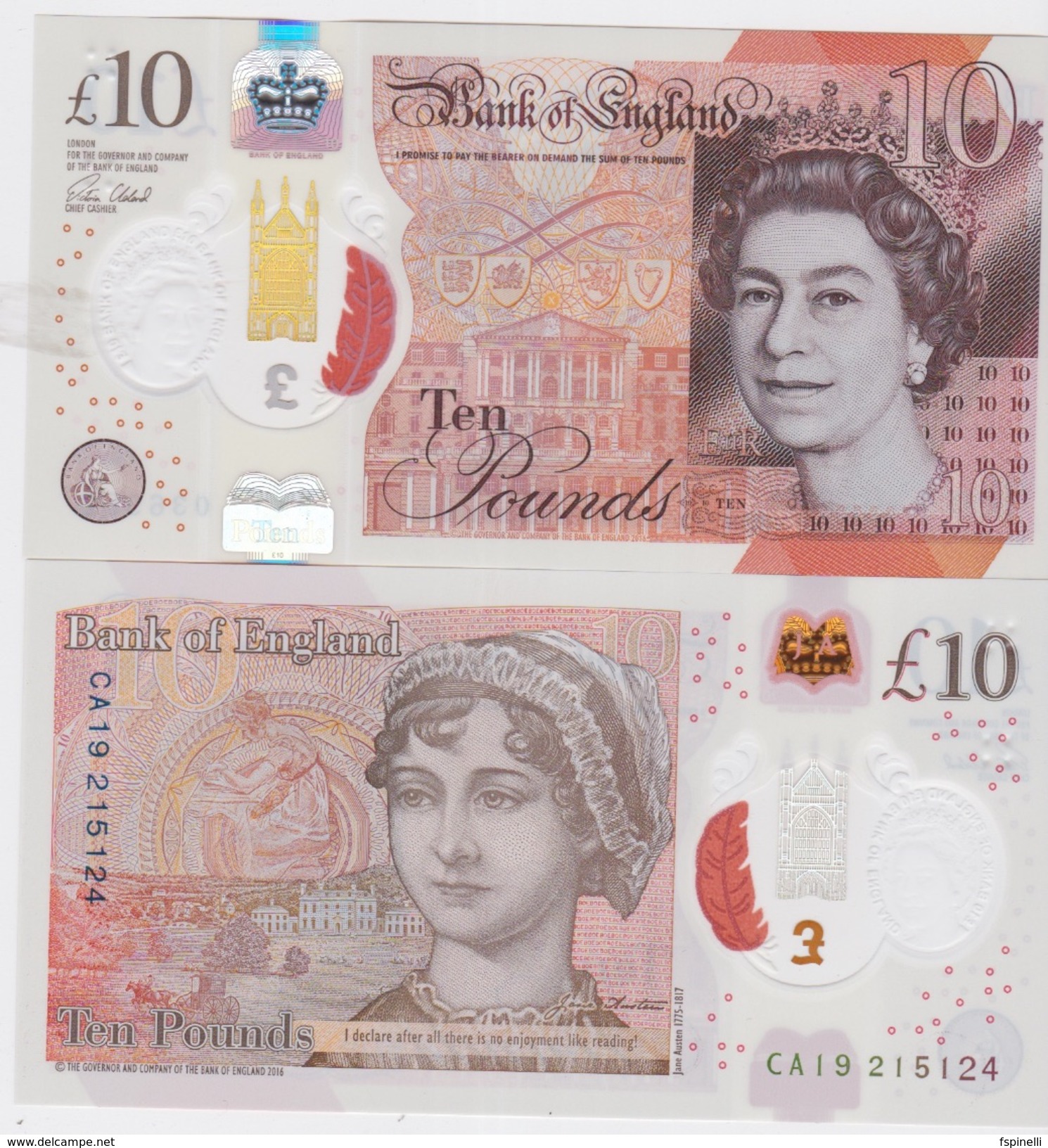 ENGLAND. £10   Recently Issued  New £ 10  POLIMER  Queen/Jane Austin   UNC - 10 Pounds