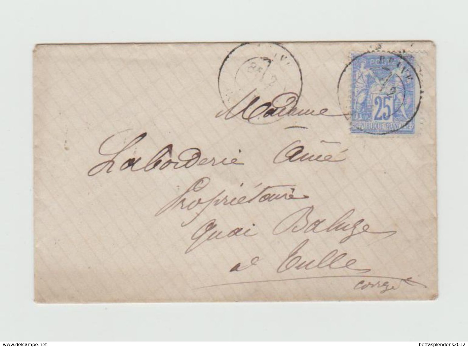 LSC 1878 - Sage 25c Bleu - Cachet TULLE - CORREZE Au Dos - 1877-1920: Periodo Semi Moderno