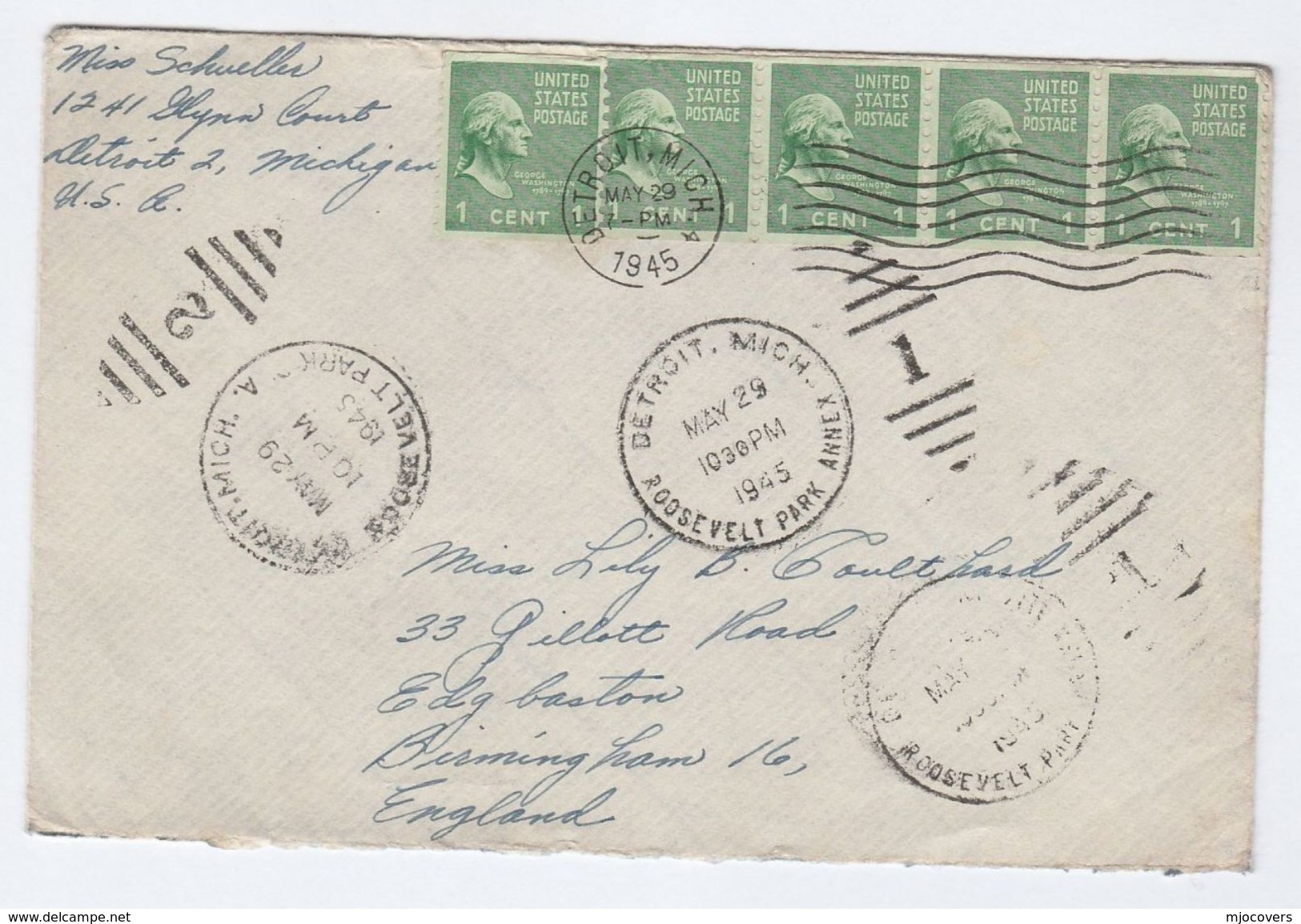 1945 Detroit With Detroit Mich, Roosevelt Park Duplex 1 & Duplex 2 Pmks USA COVER To Birmingham GB , Stamps - Covers & Documents