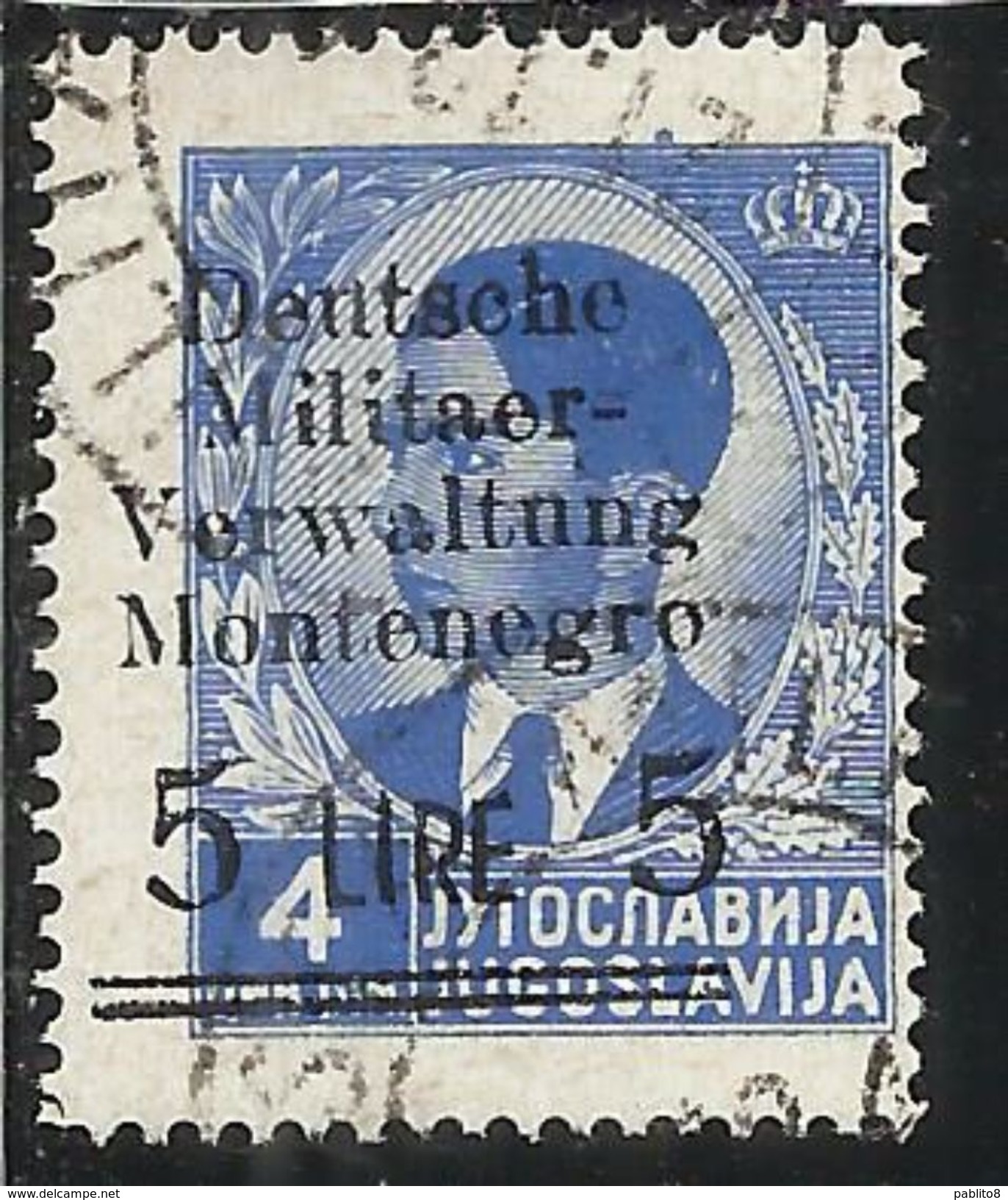 MONTENEGRO 1943 OCCUPAZIONE TEDESCA SOPRASTAMPATO SURCHARGED 5L SU 4D USATO USED OBLITERE' - Duitse Bez.: Montenegro