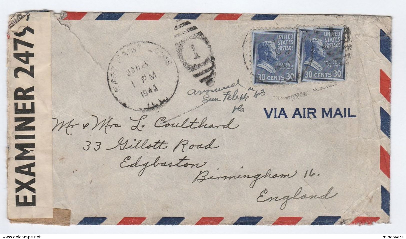 1943 USA CENSOR COVER East Saint Louis To GB  Censored Stamps - Covers & Documents