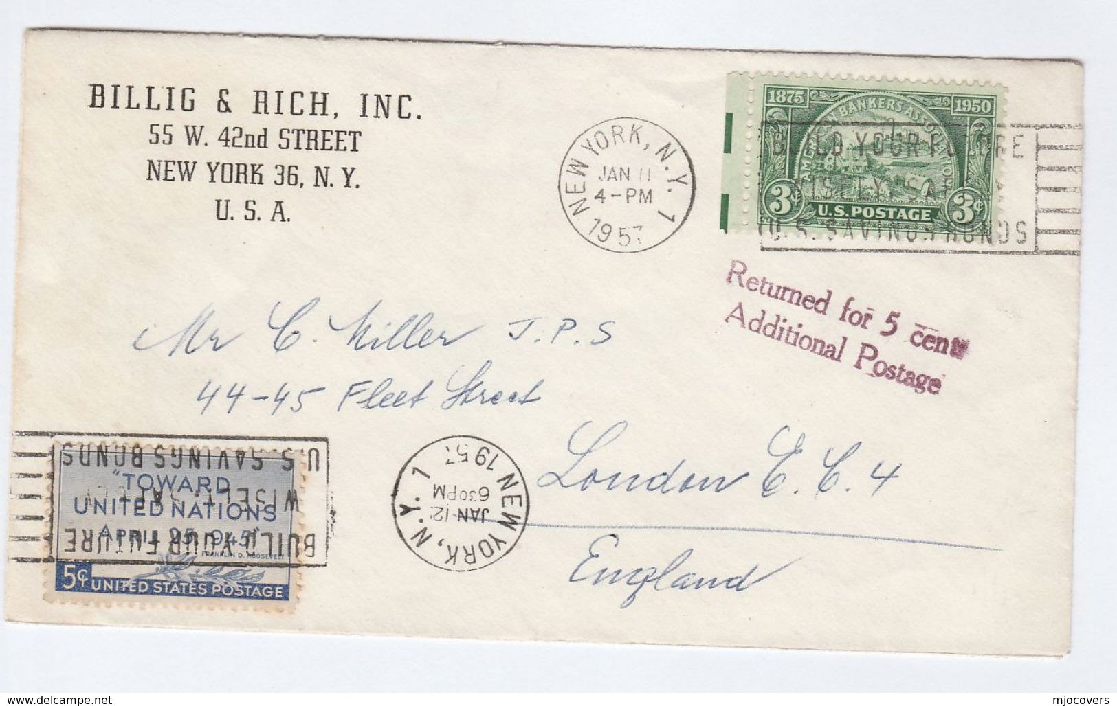 1957 USA COVER To GB  'RETURNED For 5 CENTS ADDITIONAL POSTAGE' Franked 3c BANKING 5c UN Stamps - Covers & Documents