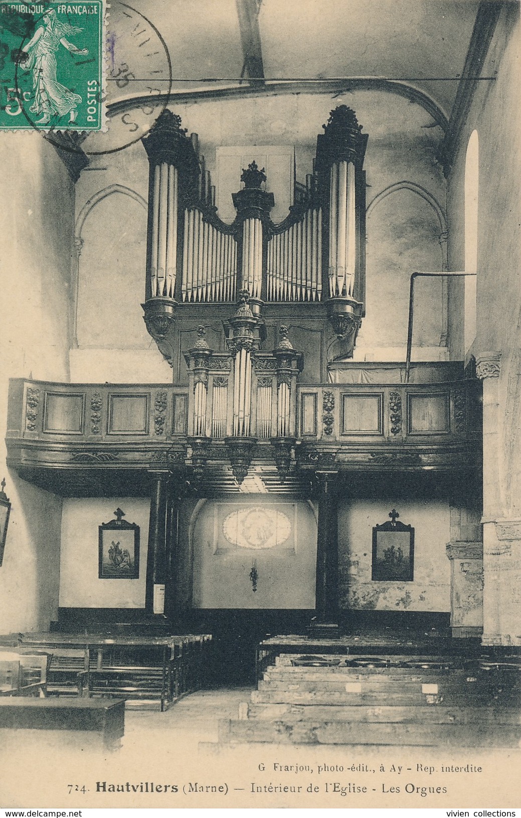 Hautvillers (51 - Marne) Intérieur De L'église, Les Orgues - édit Franjon à Ay (circulée En 1914) - Autres & Non Classés