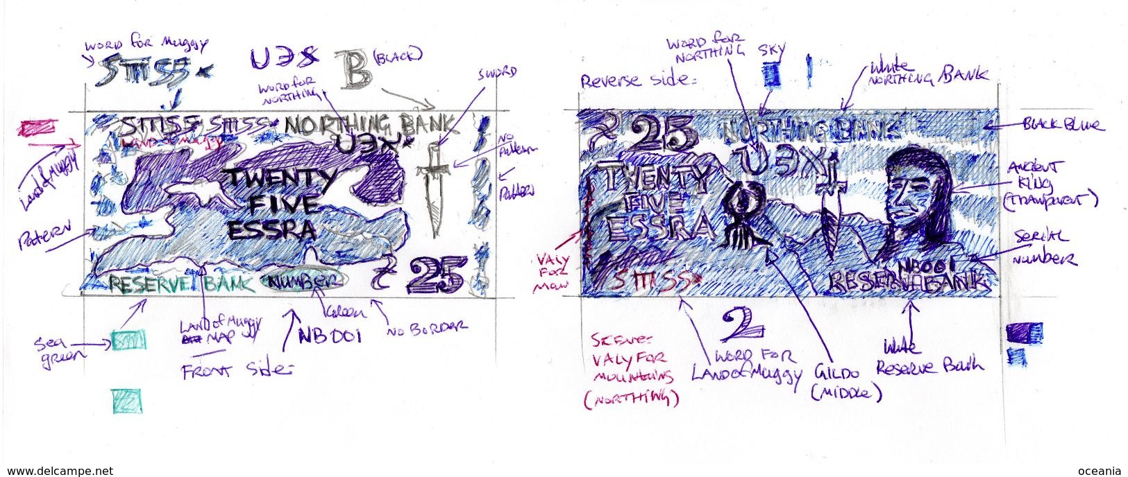 Land Of Muggy Banknote Print On Handmade Paper Of Design Sketches For A Banknote. - Andere & Zonder Classificatie