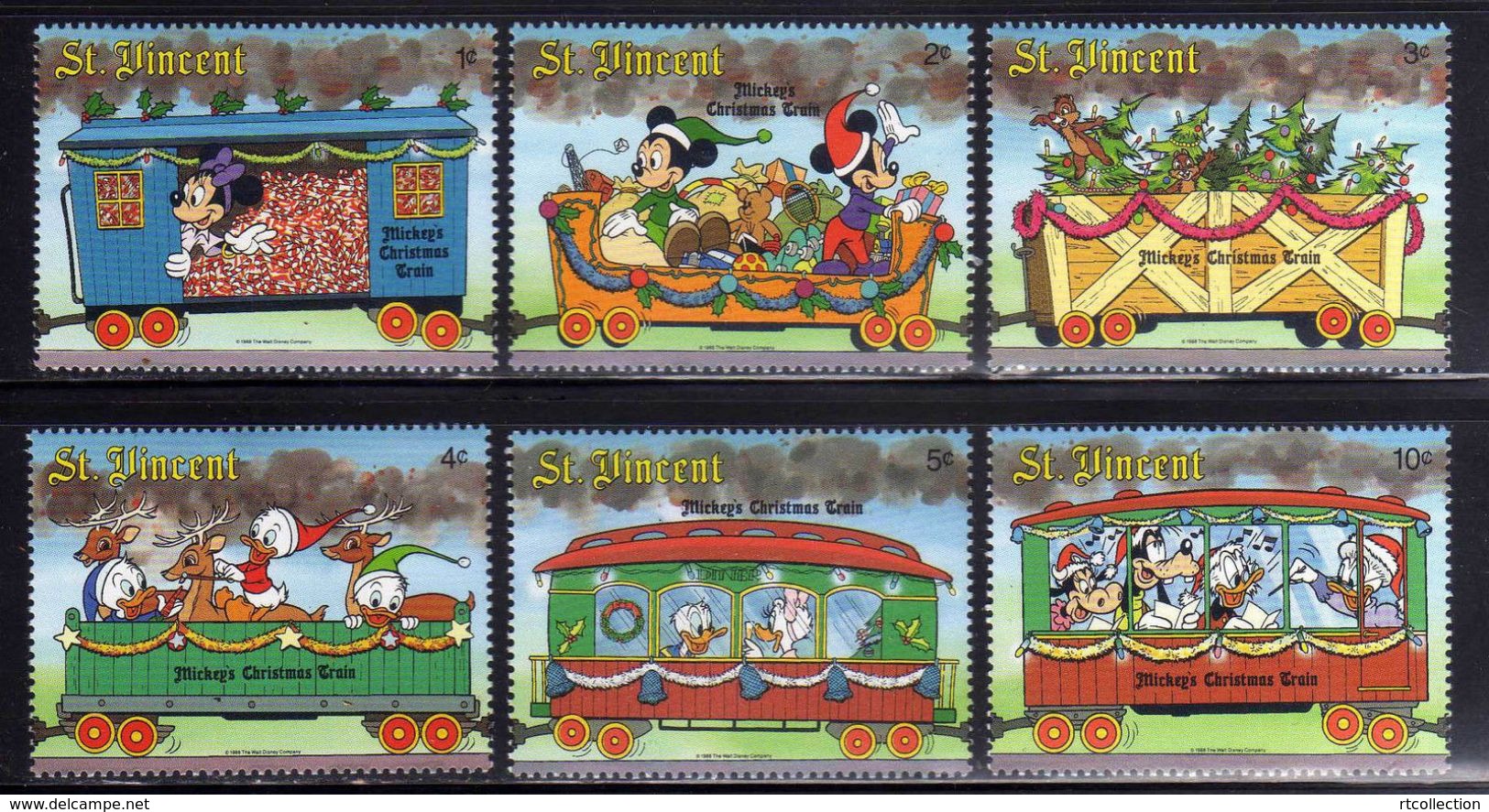 St. Vincent 1988 Mickey Christmas Trains Disney Minnie Cartoon Animation Celebrations Art Stamps (13) MNH Sc 1121-1126 - Disney