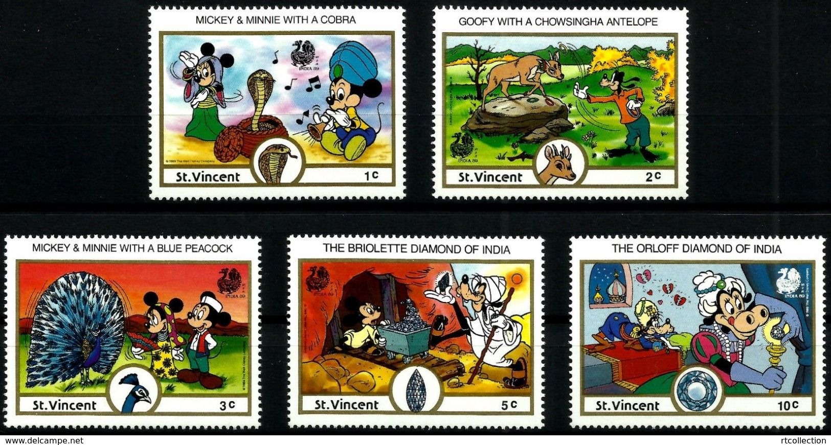 St. Vincent 1989 Disney Mickey Donald Duck India Cartoon Animation Childhood Places Animals Stamps (4) MNH Sc#1132-1139 - St.Vincent (1979-...)