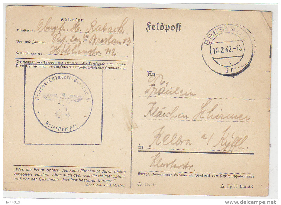 Feldpost Aus Dem Lazarett Breslau 10.2.42 - Covers & Documents