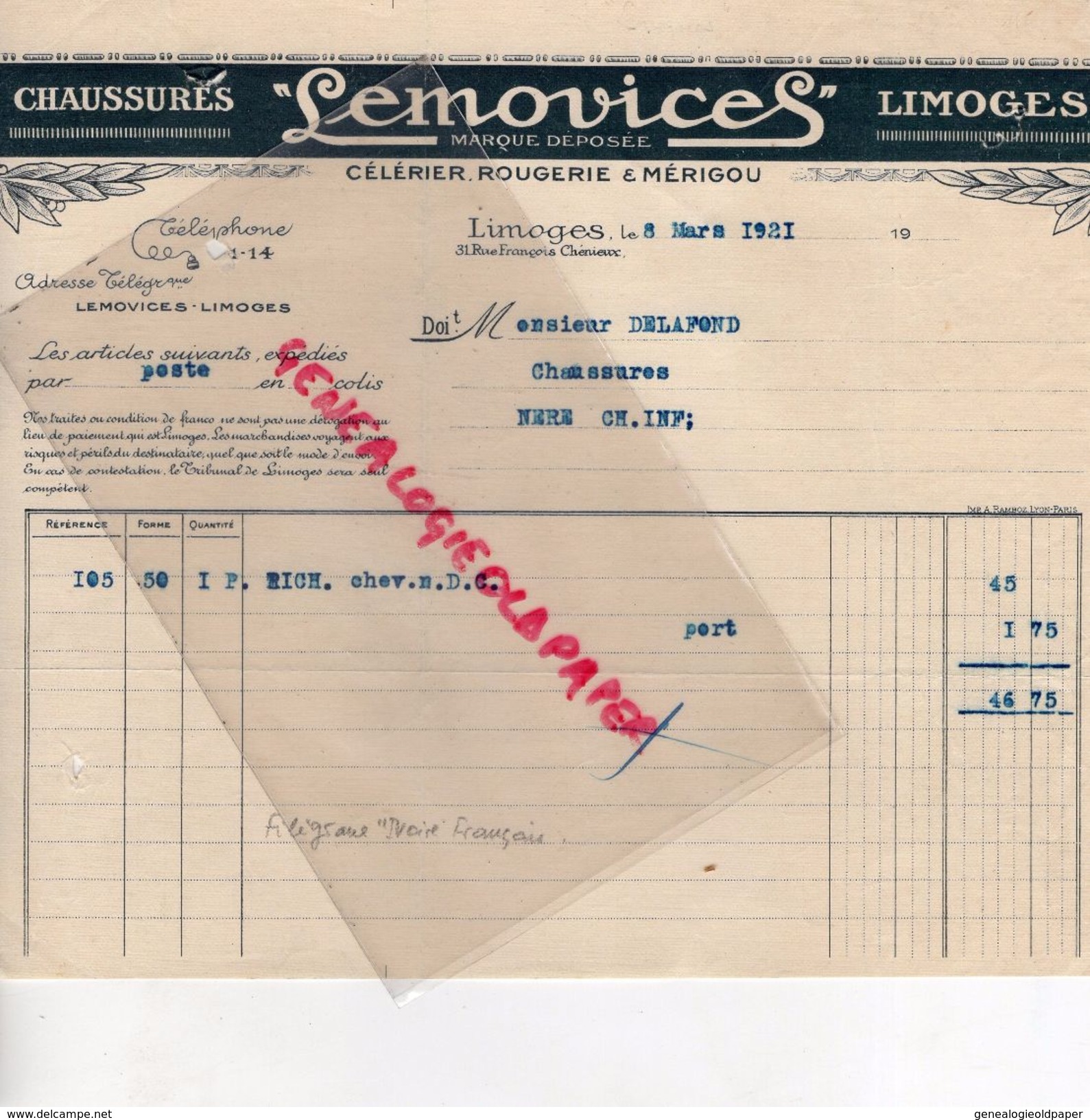 87 - LIMOGES - FACTURE CHAUSSURES LEMOVICES- CELERIER ROUGERIE & MERIGOU-31 RUE FRANCOIS CHENIEUX- 1921 - Other & Unclassified