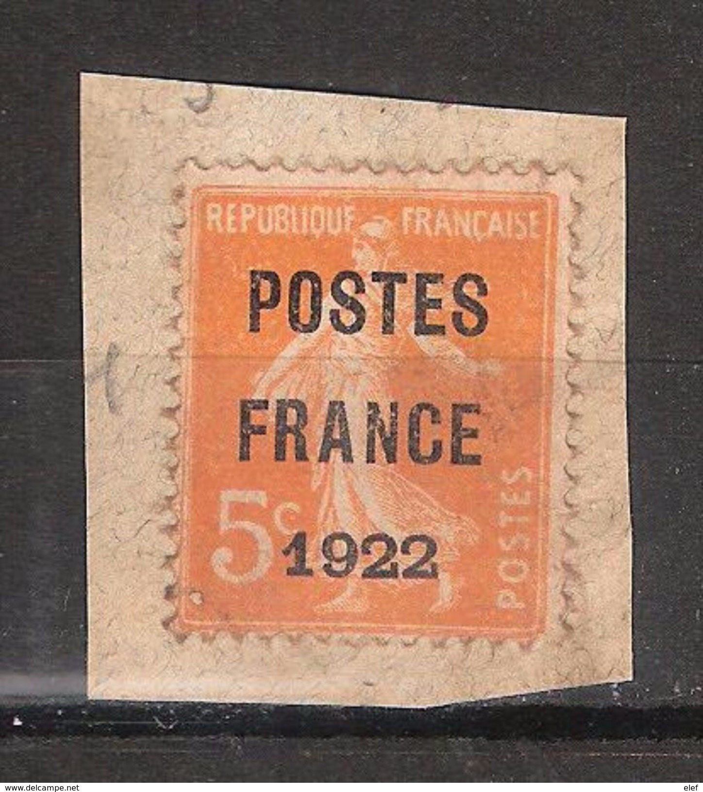 PREO Préoblitérés, Yvert N° 30, 5 C Orange Surchargé POSTES FRANCE 1922 , Sur Fragment, TB - 1893-1947