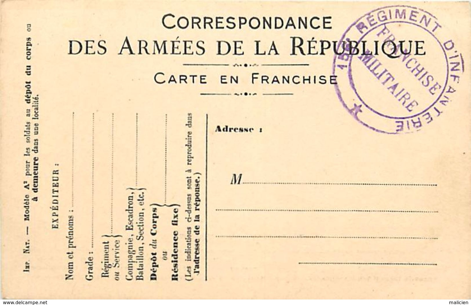 - Ref-610- Guerre 1914-18 - Carte Franchise Militaire - Cachet 156e Regiment Dinfanterie - Regiments - - Guerre 1939-45