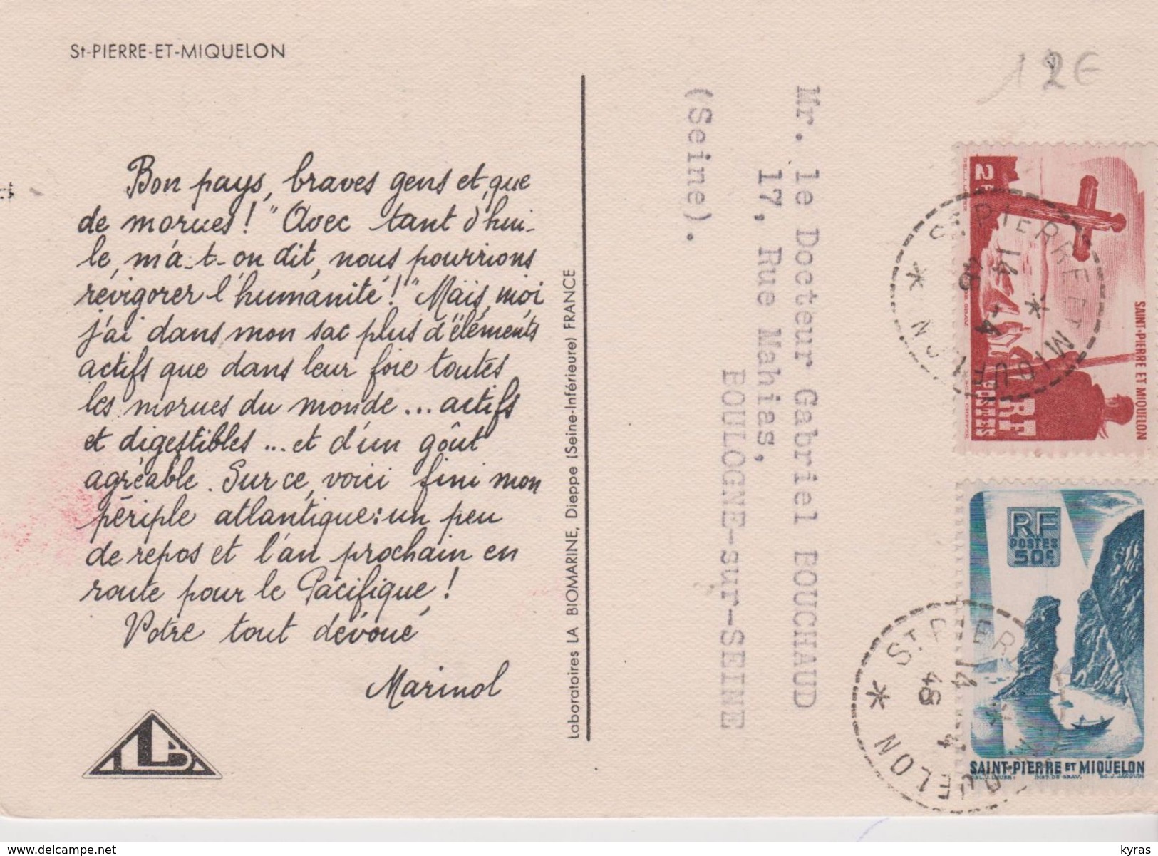 AB / CPSM 10X15 ST PIERRE ET MIQUELON Pêcheurs De Morue (Pub La Biomarine )+ 2 Timbres 2 F Rouge & 50 C Bleu Vert(1948) - Saint-Pierre-et-Miquelon