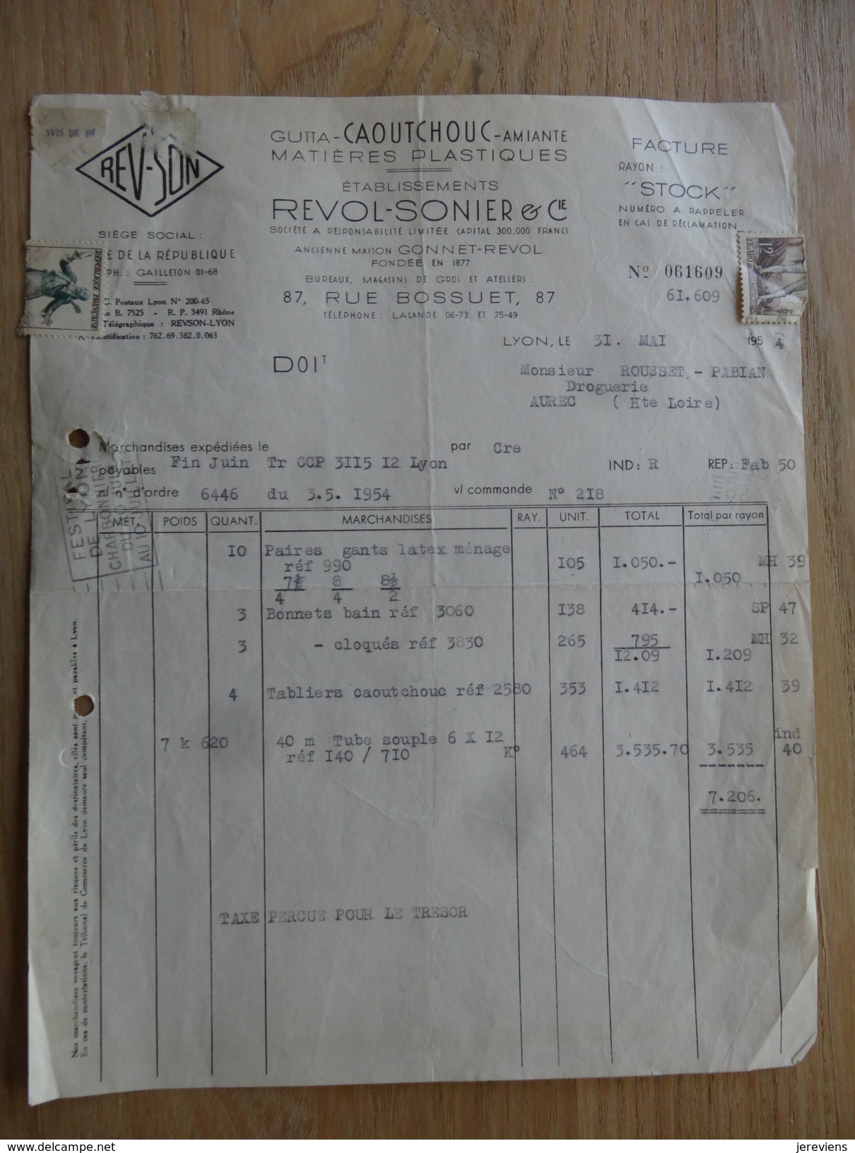 Lyon Rhone   Ets Revol Sonier Gutta Caoutchouc Amiante  1954 Affranchissement - Autres & Non Classés