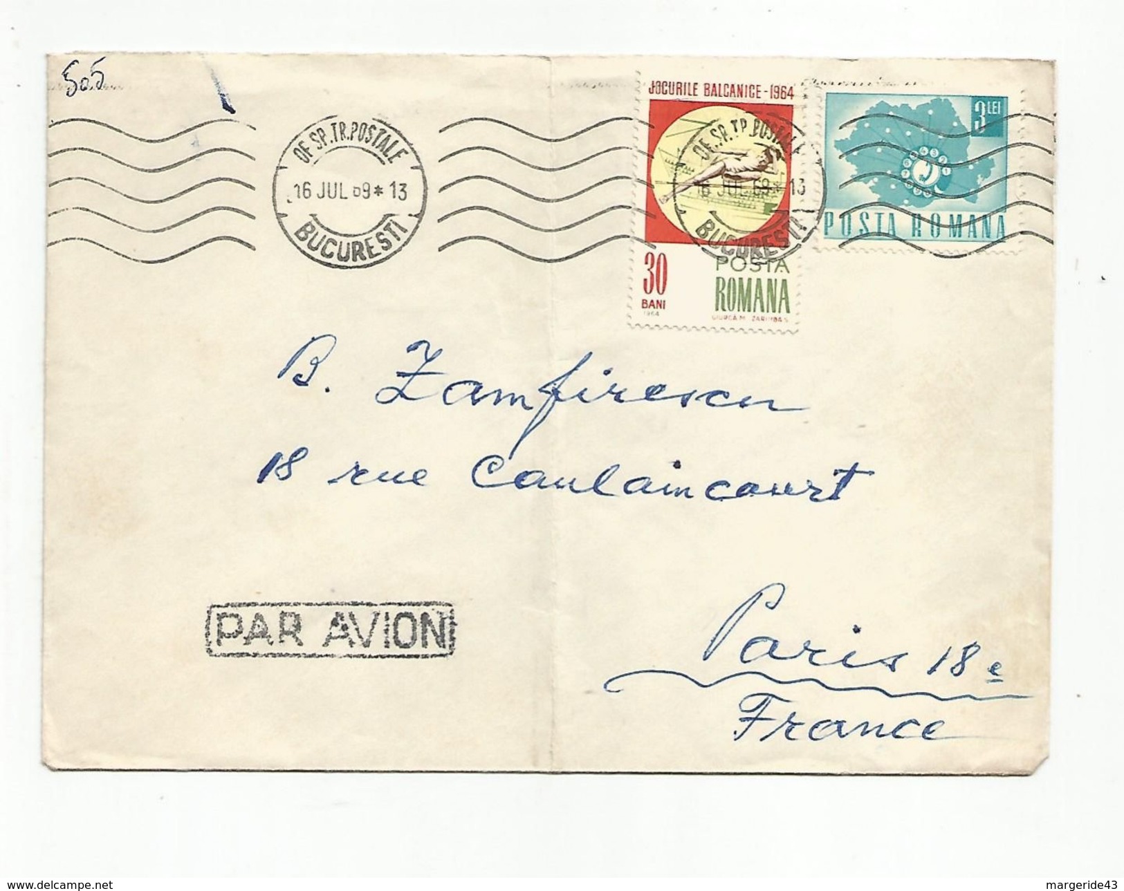 ROUMANIE AFFRANCHISSEMENT COMPOSE SUR LETTRE AVION POUR LA FRANCE 16/7/1969 - Postmark Collection