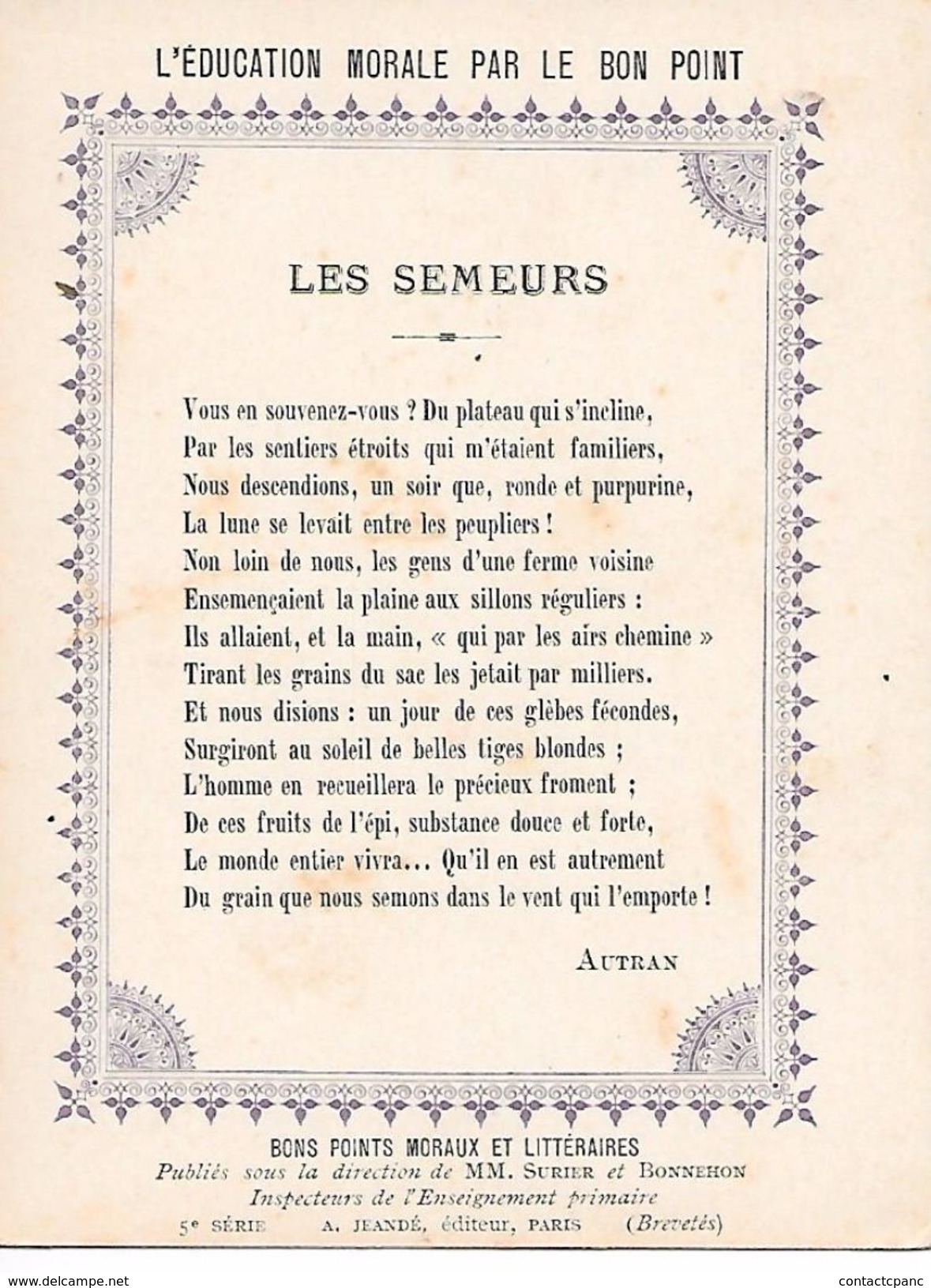 BON  POINT  -  Les Semeurs  -  Autran  ( Format = 13 Cm X 9,5 Cm  ) - Diplômes & Bulletins Scolaires