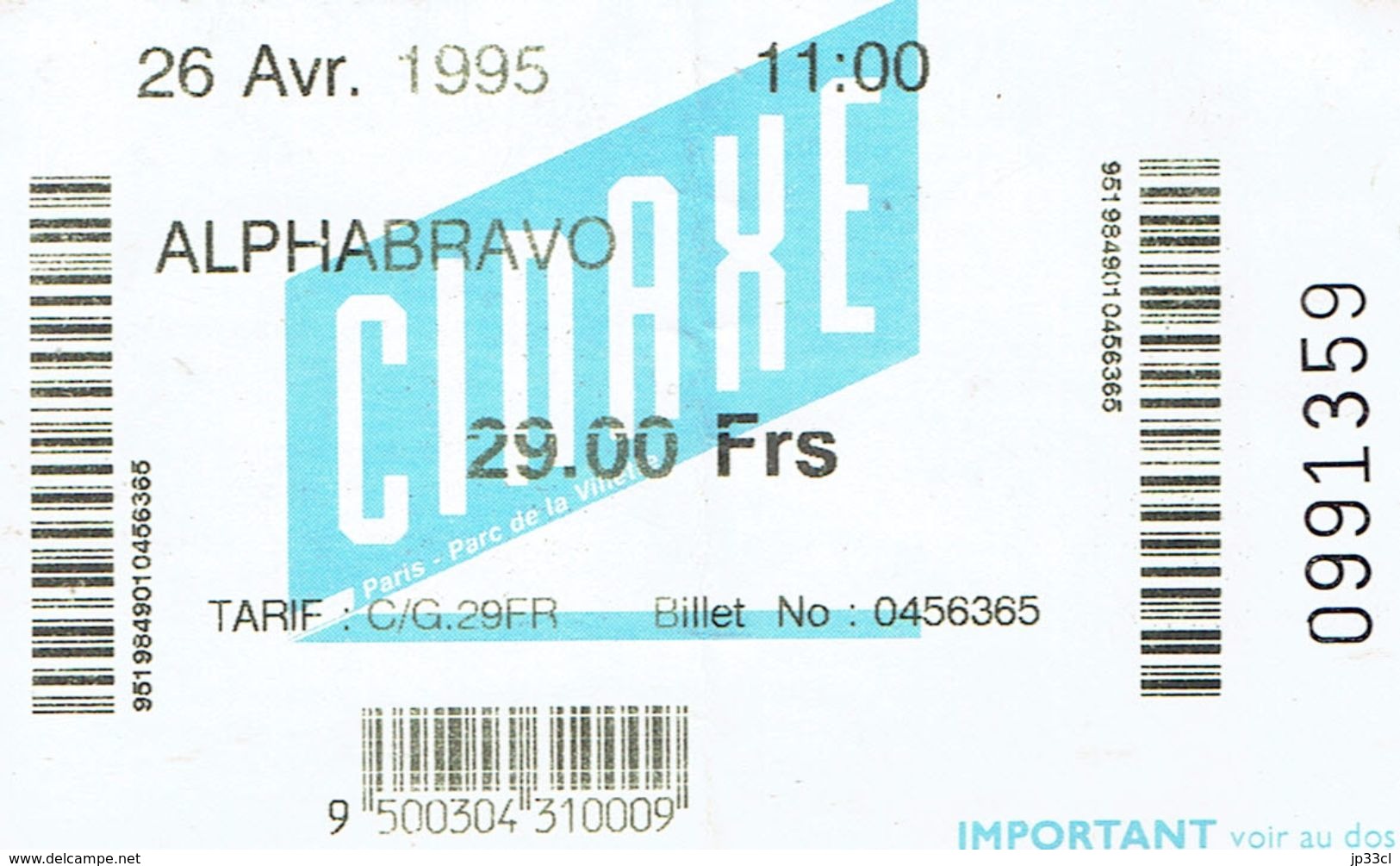 Ticket D'entrée à La Cinaxe, La Villette, Paris 26/04/1995 - Toegangskaarten