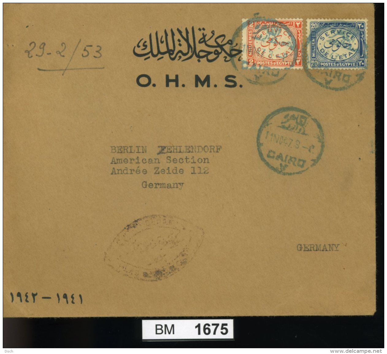 BM1675, Ägypten, O, Brief Gelaufen, MF, 01.11.1947, Cairo - Zehlendorf - Covers & Documents