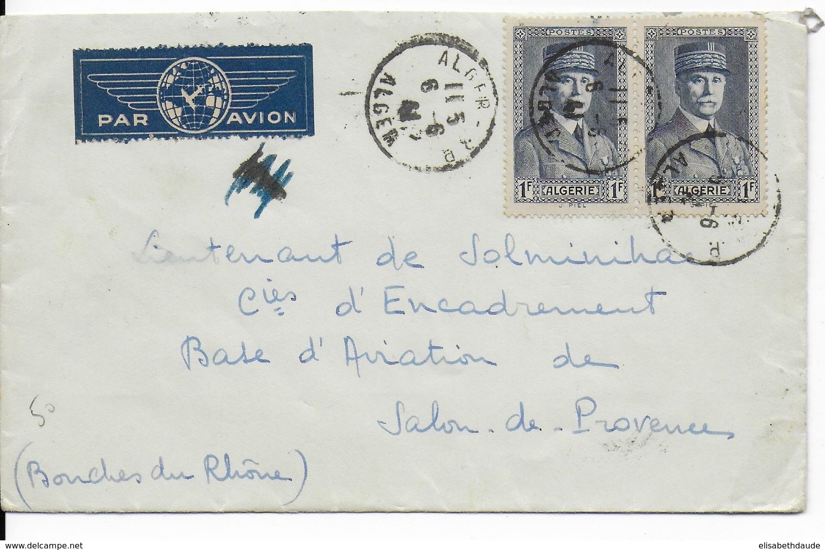 ALGERIE - 1941 - PETAIN - ENVELOPPE Par AVION De ALGER => BASE AERIENNE De SALON De PROVENCE - Lettres & Documents